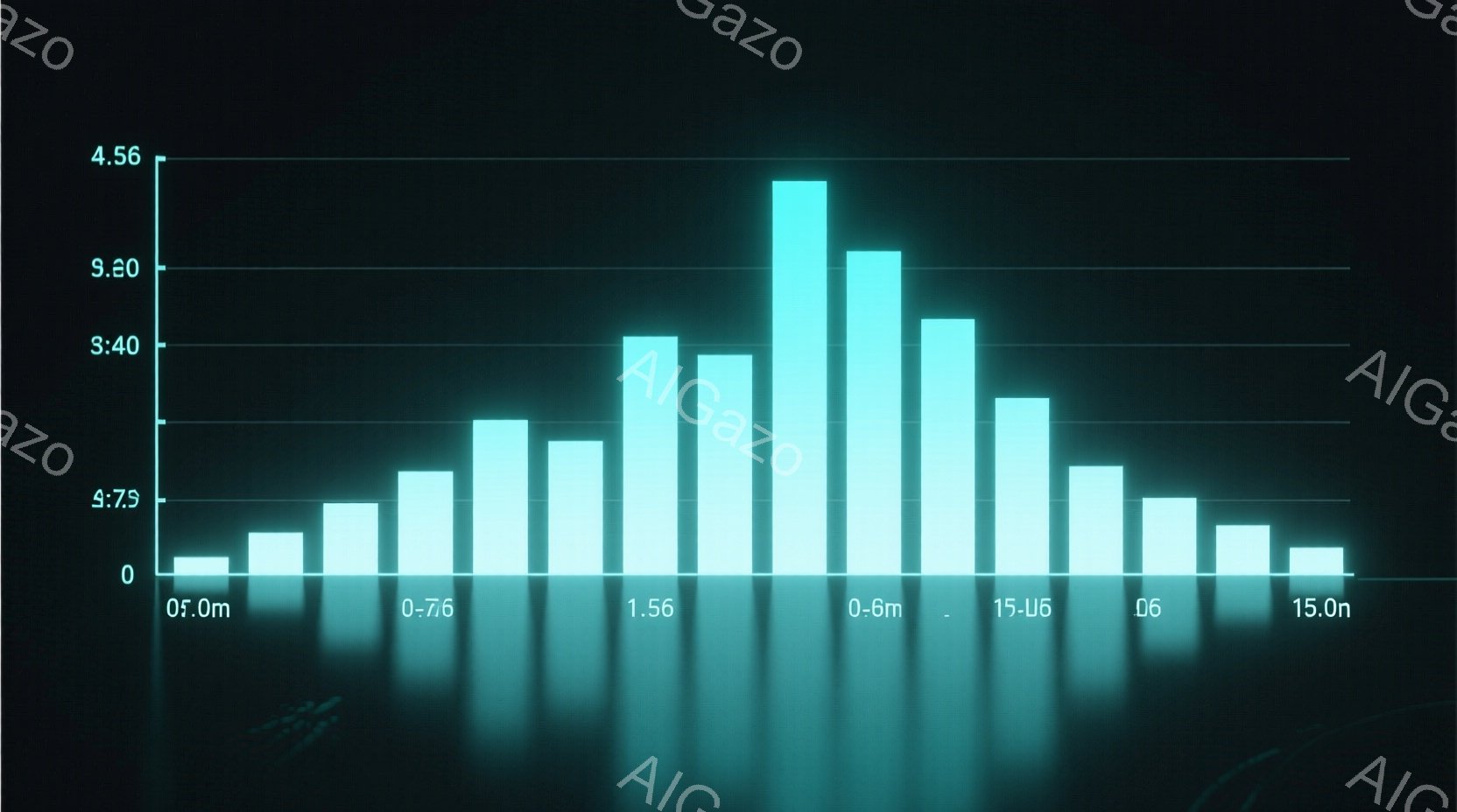 ターコイズブルーの棒グラフが、黒い背景に並んで表示されています。棒の高さは異なり、時間軸（0mから15.0mまで）が下部に表示されています。全体的に、データの視覚化を目的とした、静的でミニマルな印象を与える画像です。