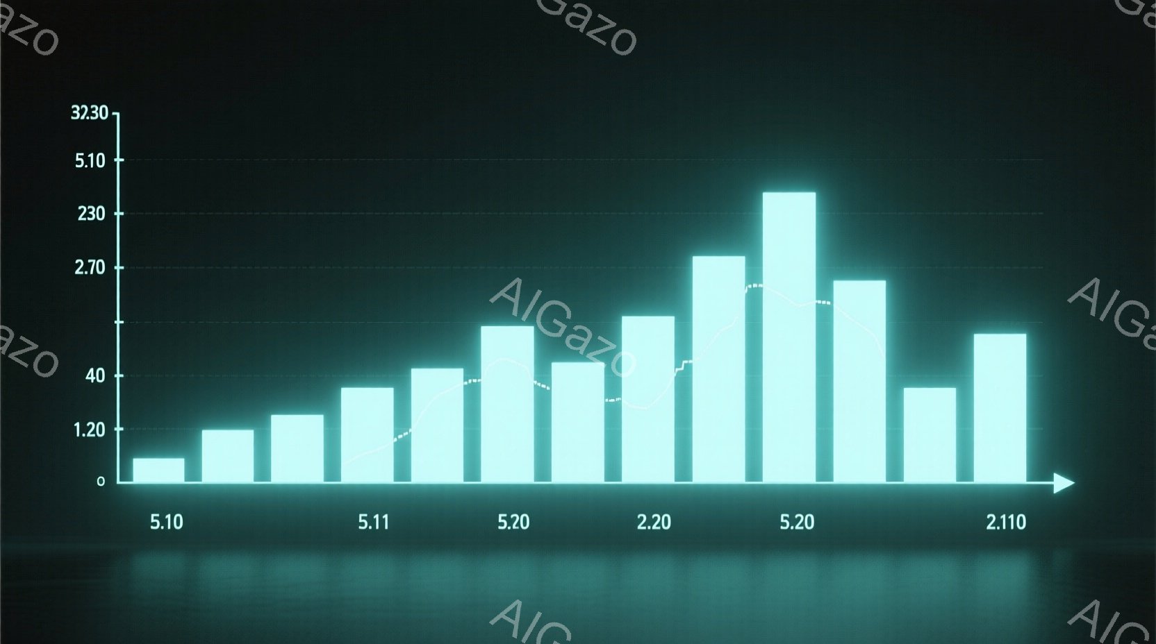 この画像は、水平方向に配置された複数の柱状グラフで構成されており、それらは徐々に高くなり、ピークに達した後、再び低くなる傾向を示しています。背景は濃い青緑色で、グラフは明るい水色で描かれており、グラフの下には数字が並んでいます。全体的に、データや統計を示す視覚的な表現であることがわかります。