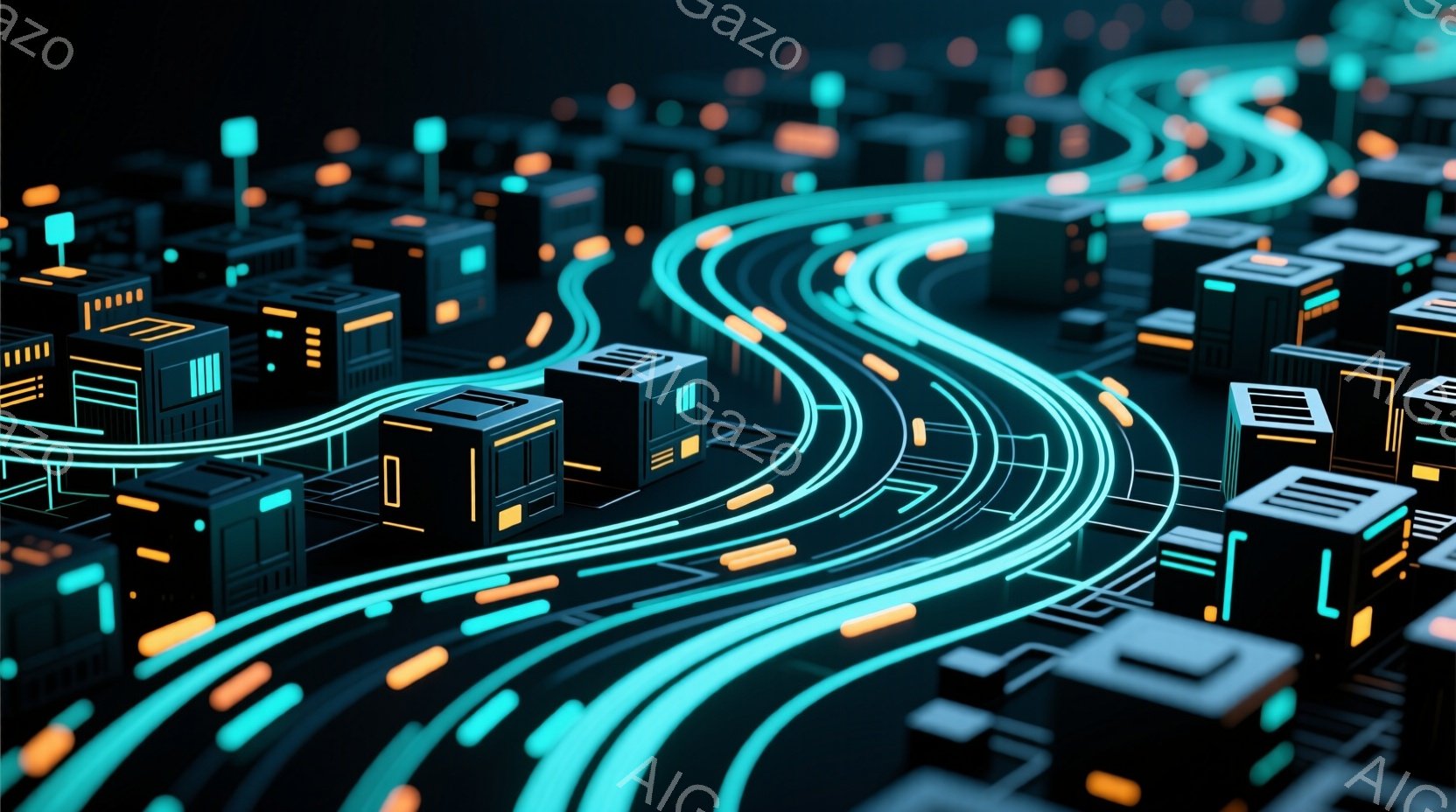 この画像は、未来的な都市景観を表現したもので、ネオンブルーとオレンジ色の光が流れる道路が複雑に絡み合っている様子が特徴的です。建物はミニマルなデザインで、暗い背景に浮かび上がり、全体的にサイバーパンクな雰囲気を作り出しています。光のラインが都市全体を繋ぎ、データや情報が流れる様子を連想させます。