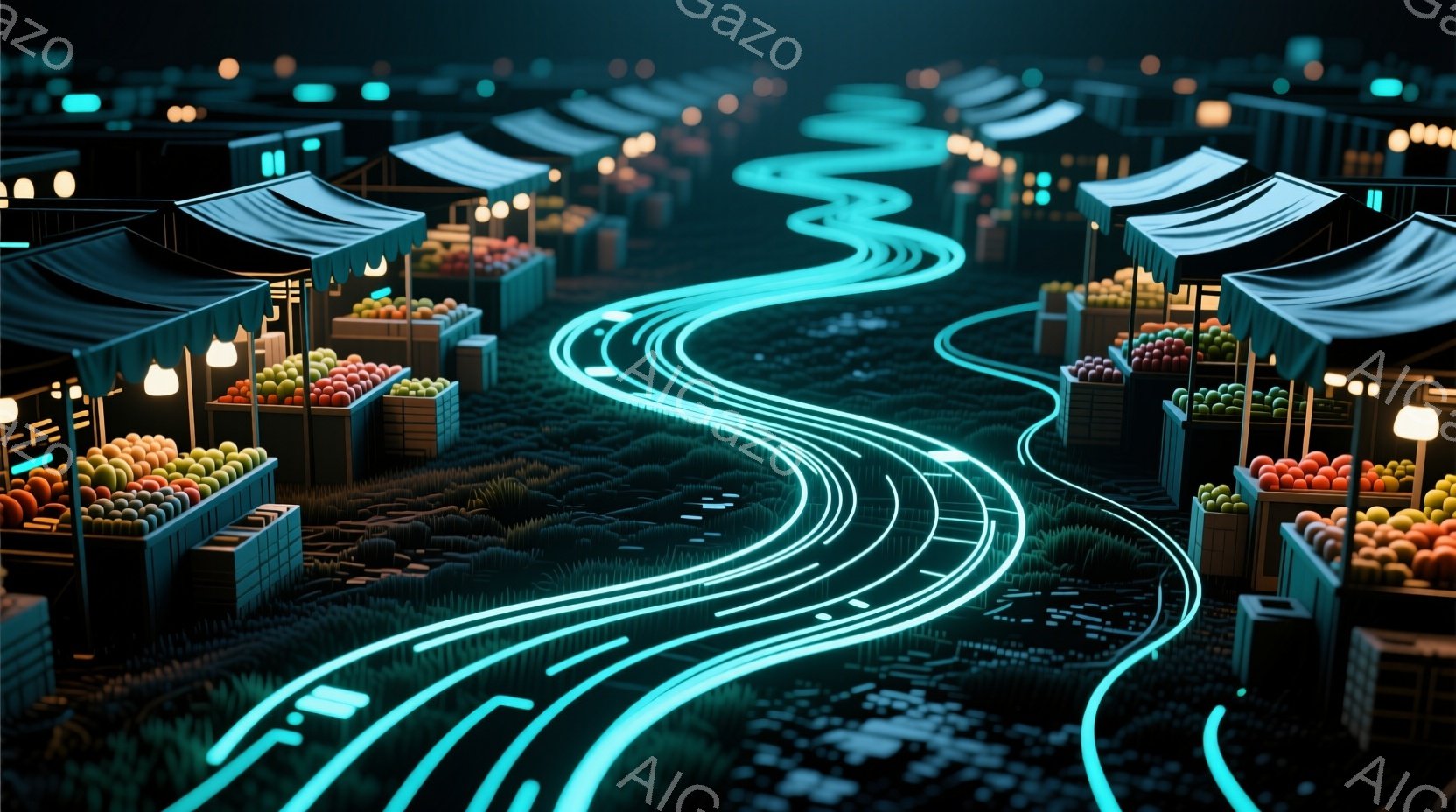 夜の市場が描かれており、所狭しと並んだ屋台には色とりどりの果物が並べられている。中央を蛇行する光の道が印象的で、まるで未来都市の夜景のようだ。背景には簡素化された建物と緑豊かな草地が広がり、幻想的な雰囲気を醸し出している。