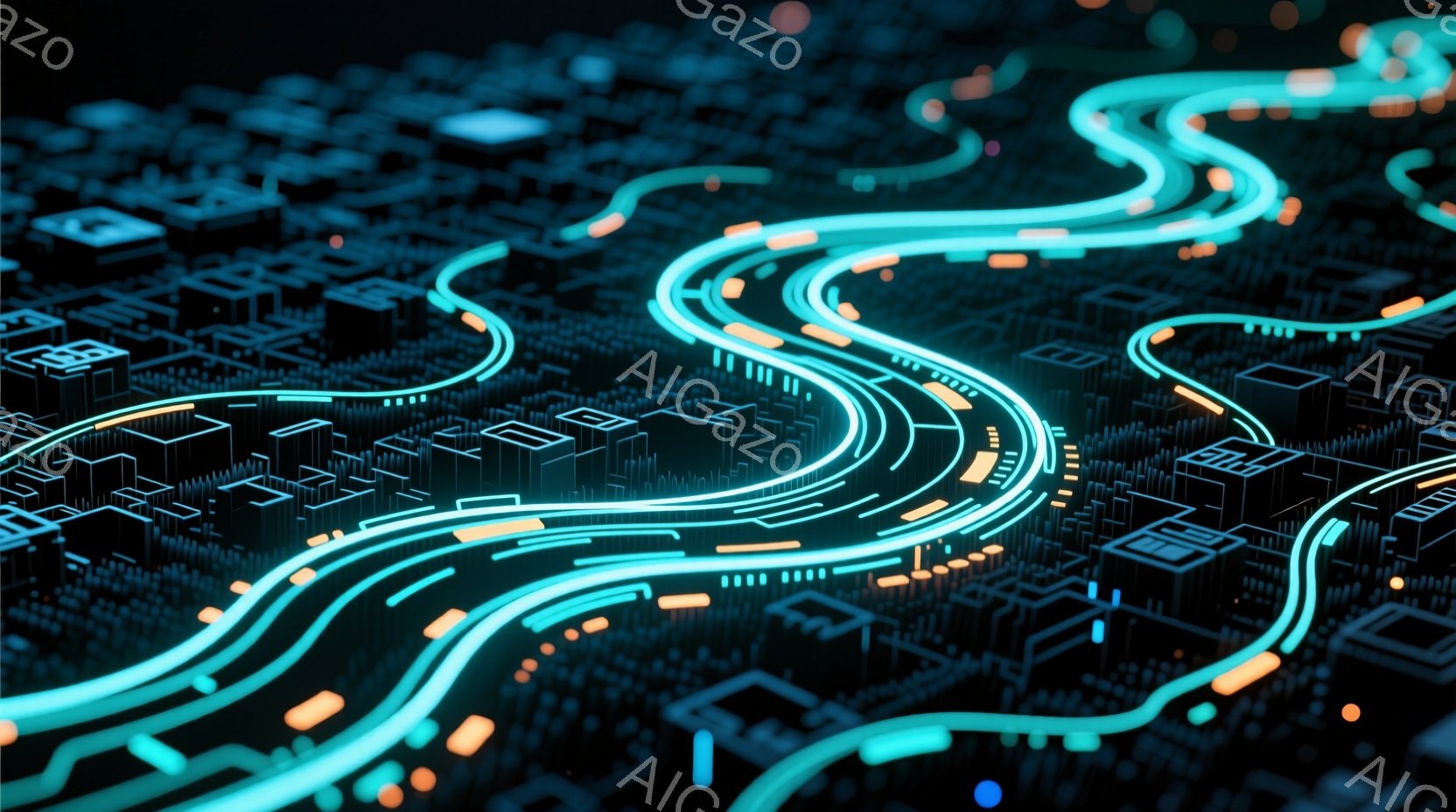 この画像は、青とオレンジの光る線が複雑に絡み合い、未来都市の回路図のような景観を表現しています。背景には、無数の小さな建物が配置され、まるで電子基板のようなテクスチャを作り出しています。全体的に、サイバーパンクやテクノロジーを連想させる、近未来的で没入感のある雰囲気です。