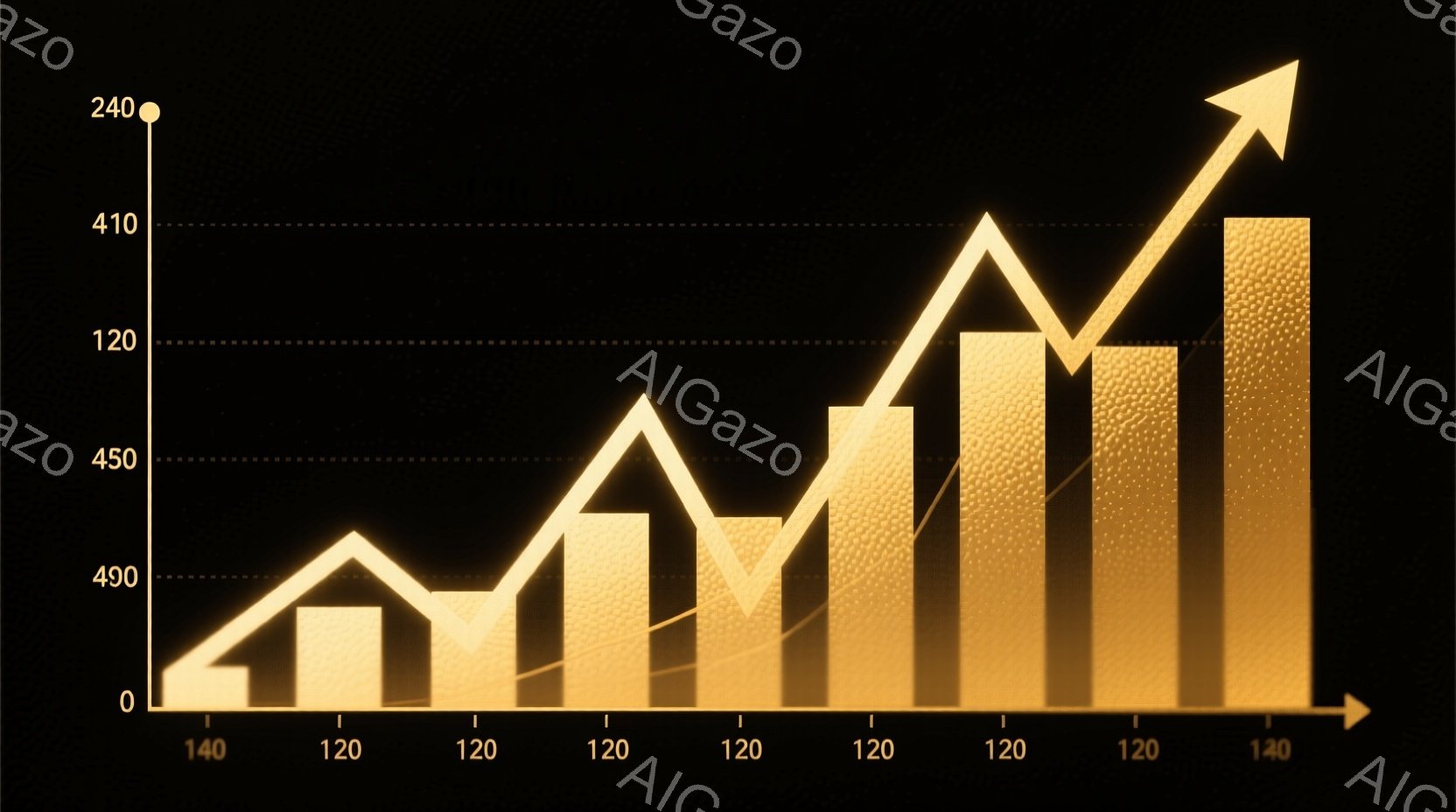 この画像は、成長を示す棒グラフを表しています。グラフは金色で、背景は黒色で、右方向に上昇する傾向を示しています。グラフの高さは異なり、右端の棒が最も高く、成長の勢いを示唆しています。