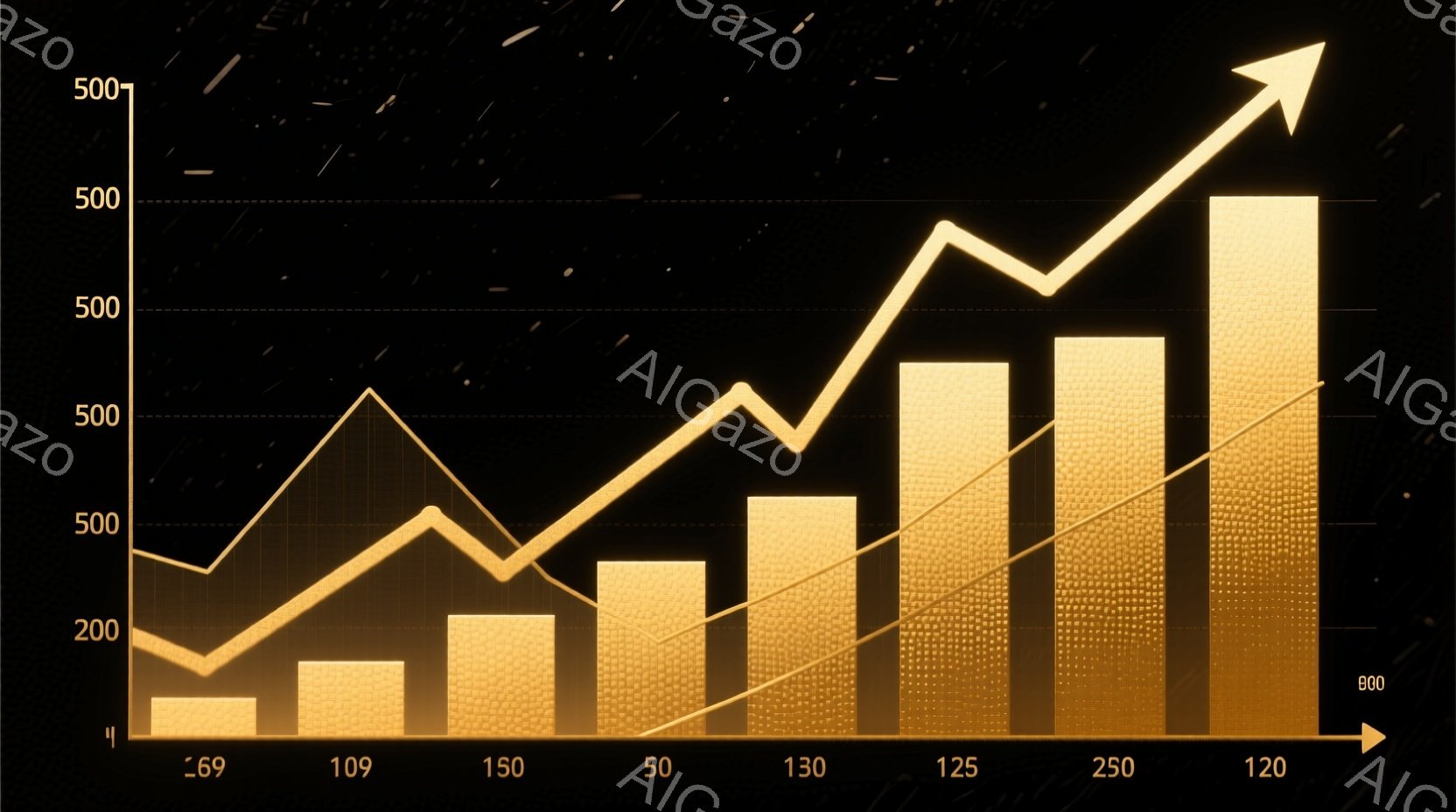 グラフが示されており、水平軸に69、109、150、50、130、125、250、120といった数値が並んでいます。2本の線が上昇傾向を示しており、特に右端のバーが最も高く、全体的に明るいオレンジ色と黒色の背景が印象的です。この画像は、時間の経過とともに数値が増加していく様子を視覚的に表現しています。