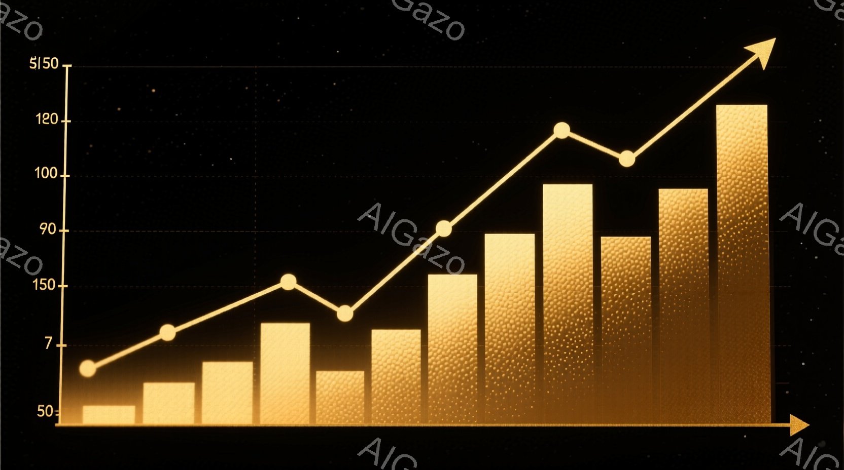 グラフは、暗い背景に対して金色の棒グラフが上昇傾向を示しています。棒の高さは徐々に高くなり、右端の棒が最も高いです。グラフ上には、データの推移を示す金色の線が描かれ、右肩上がりの成長を示唆しています。