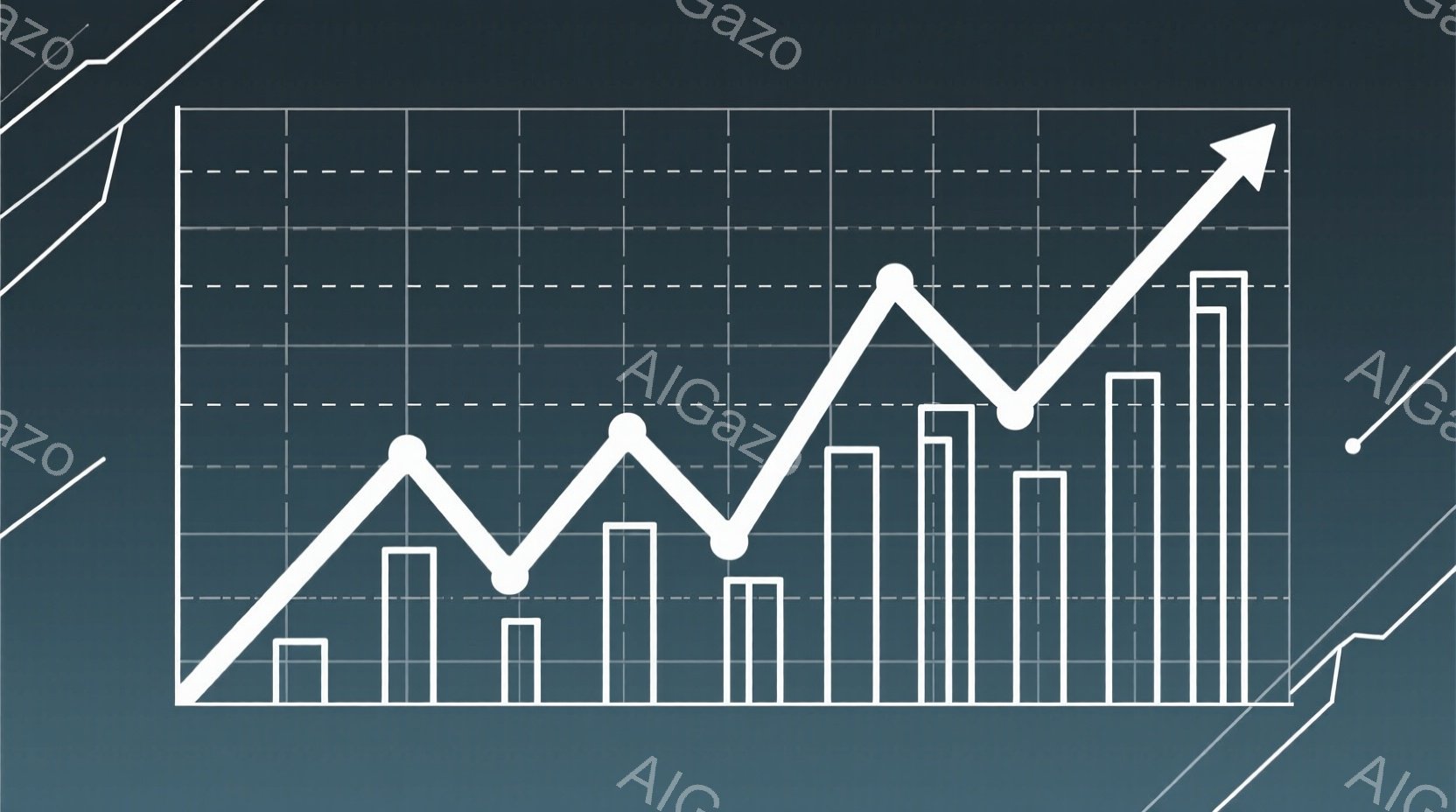 この画像は、白線で描かれた棒グラフと折れ線グラフが描かれた、濃い青色の背景です。グラフは上昇と下降を繰り返しており、全体的に右肩上がりの傾向を示しています。背景には、技術的な回路のような白線が斜めに配置されており、モダンでダイナミックな印象を与えます。