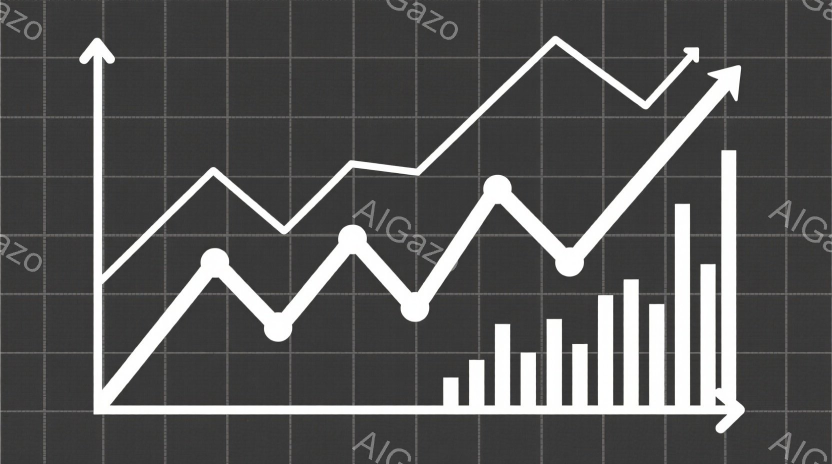 この画像は、2本の折れ線グラフと棒グラフが描かれたシンプルな図です。折れ線グラフはそれぞれ異なる変動を示しており、棒グラフは徐々に高くなる傾向を示しています。背景はグレーのグリッドで構成されており、全体的にデータ分析や経済指標を示す視覚的な表現として捉えられます。