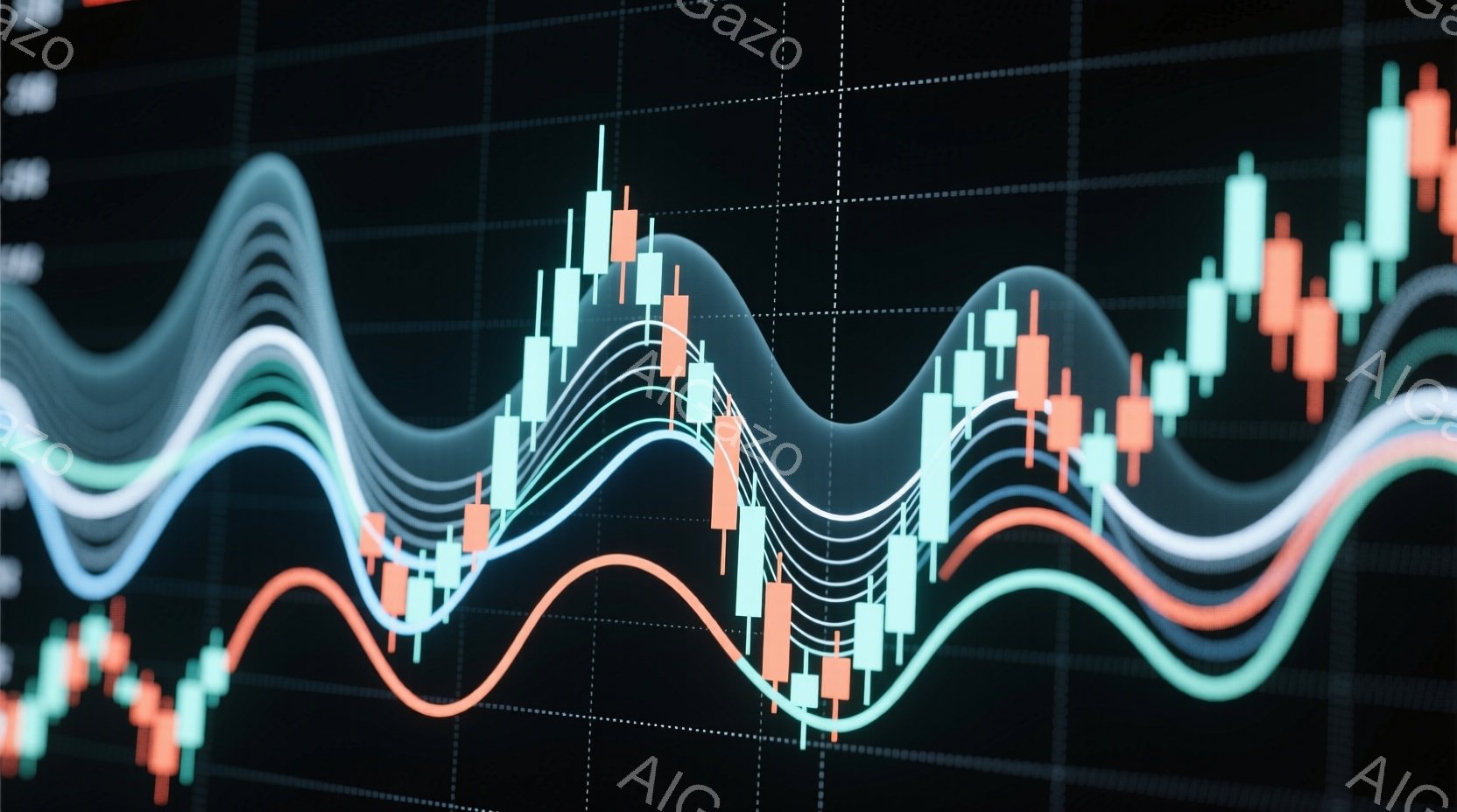 この画像は、複雑な金融チャートを表しており、複数の線グラフとローソク足チャートが重なり合って表示されています。背景は暗く、チャートのラインは青、オレンジ、緑色で、データの変動とトレンドを示唆しています - AI生成フリー素材