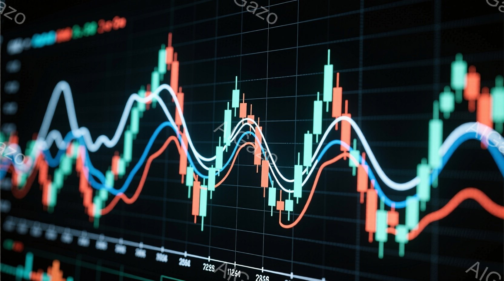 鮮やかな緑、赤、オレンジ、青の線と柱状グラフが、暗い背景に重なって表示されています。これらの線は、金融市場の変動を示すチャートのように見え、複雑なデータと分析を表しています。全体的に、これは経済的また - AI生成フリー素材