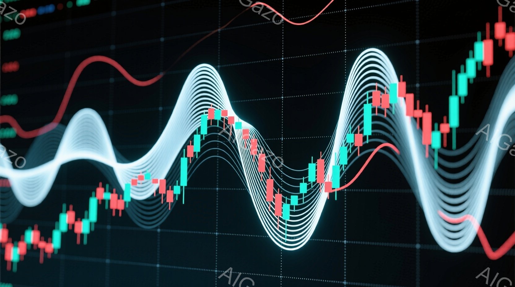 この画像は、暗い背景に描かれた金融チャートを表しています。緑と赤の棒グラフ（ローソク足）が時間軸に沿って並び、価格変動を示しています。白く光る波線がチャート全体を横切り、不安定さやダイナミズムを強調し - AI生成フリー素材