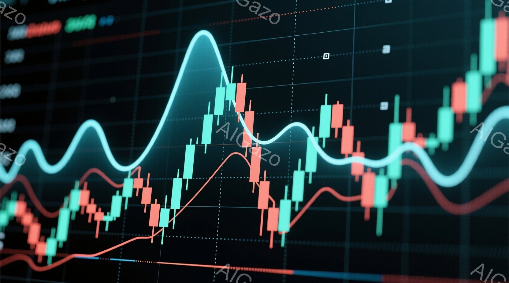 鮮やかな緑と赤のローソク足チャートが、暗い背景に表示されています。複数の線グラフがチャートの上を横切り、複雑な金融データの視覚化を示唆しています。全体的に、市場トレンドや投資分析を想起させる、ダイナミ - AI生成フリー素材