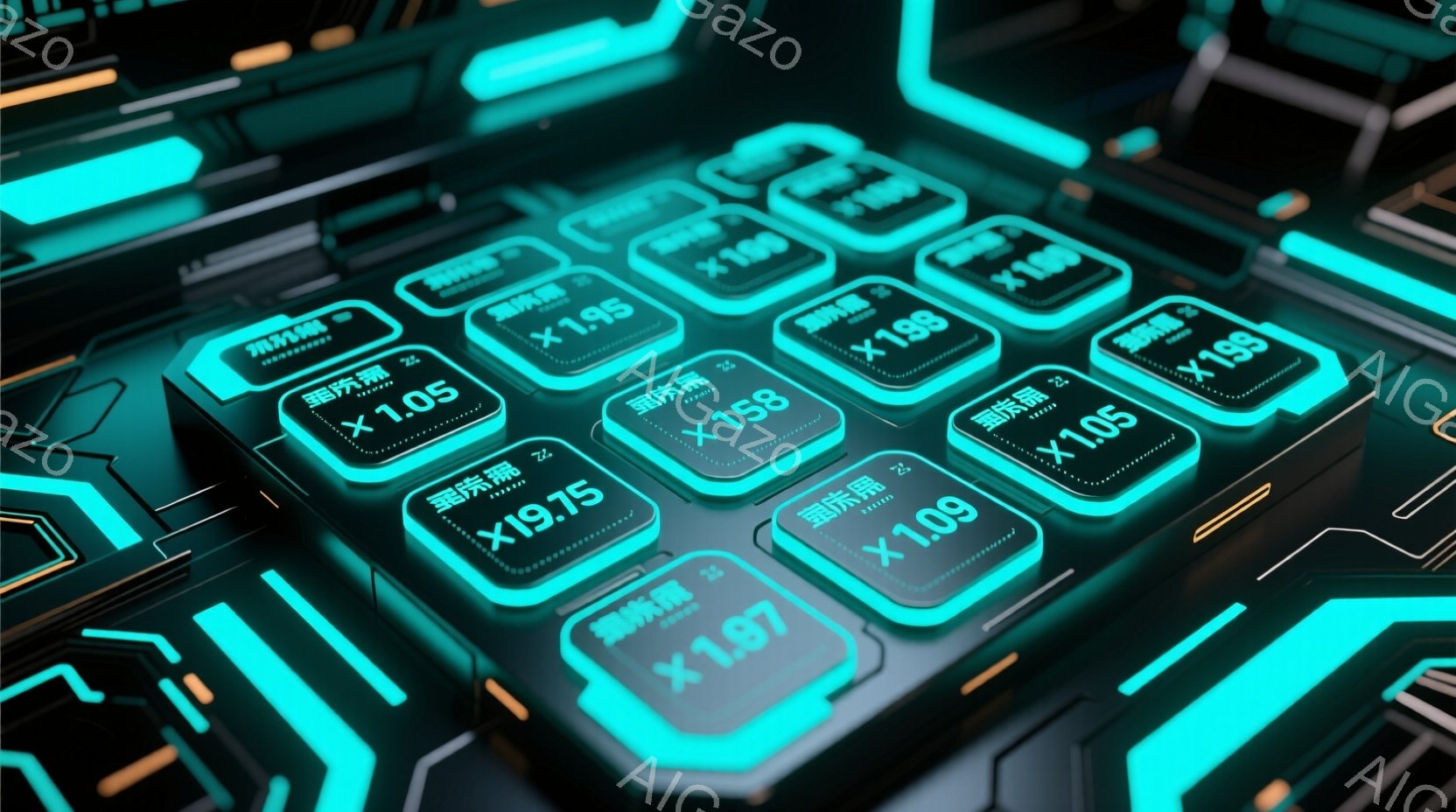 この画像は、未来的なインターフェースを思わせる、青色の光る六角形のパネルが密集した様子を捉えています。各パネルには、「x1.05」や「x1.97」のような数値が記されており、サイバーパンクやゲームのUIを彷彿とさせます。背景は暗く、パネルの光が際立ち、テクノロジーとデジタル世界の雰囲気を強調しています。