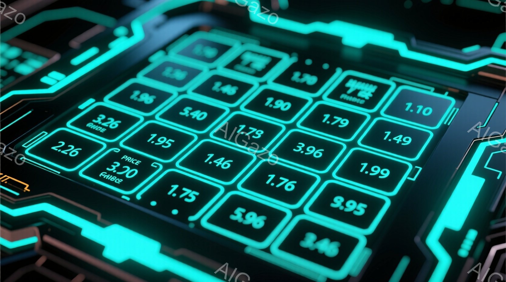 鮮やかなターコイズブルーの光が走る、未来的なインターフェースのクローズアップです。画面には様々な数値がデジタル表示されており、まるで金融市場のデータやゲームのインターフェースのようです。全体的にクール - AI生成フリー素材