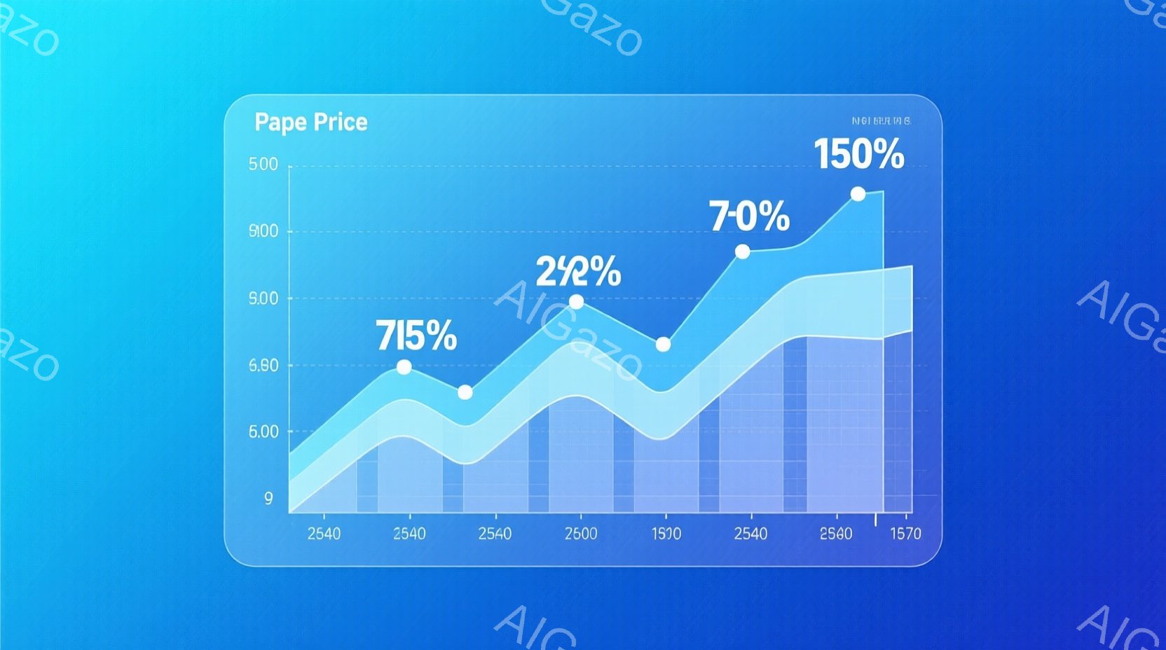 この画像は、青色の背景にグラフが表示されており、時間の経過とともに上昇する傾向を示しています。グラフは複数のピークと谷を持っており、それぞれのデータポイントにはパーセント表示がされています。全体的に、成長と変動を示す視覚的な表現であり、将来的な可能性を示唆しているように見えます。