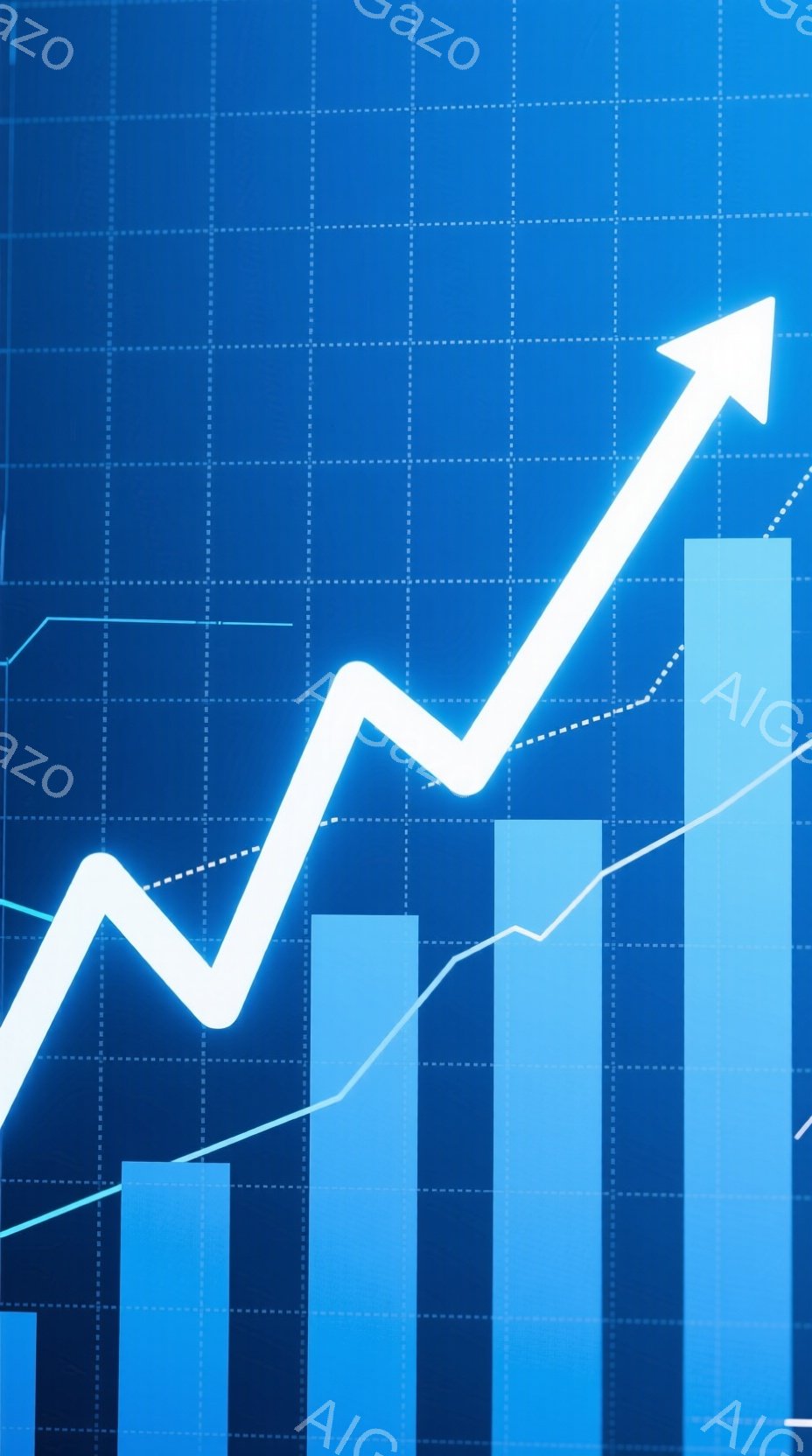 この画像は、青色の背景に複数の棒グラフと、上昇傾向を示す二本の白い線を描いたものです。棒グラフは様々な高さで配置され、線はそれぞれ異なる動きで右肩上がりに伸びています。全体として、成長や発展、経済指標などを象徴するような、力強い印象を与えるグラフ表現です。