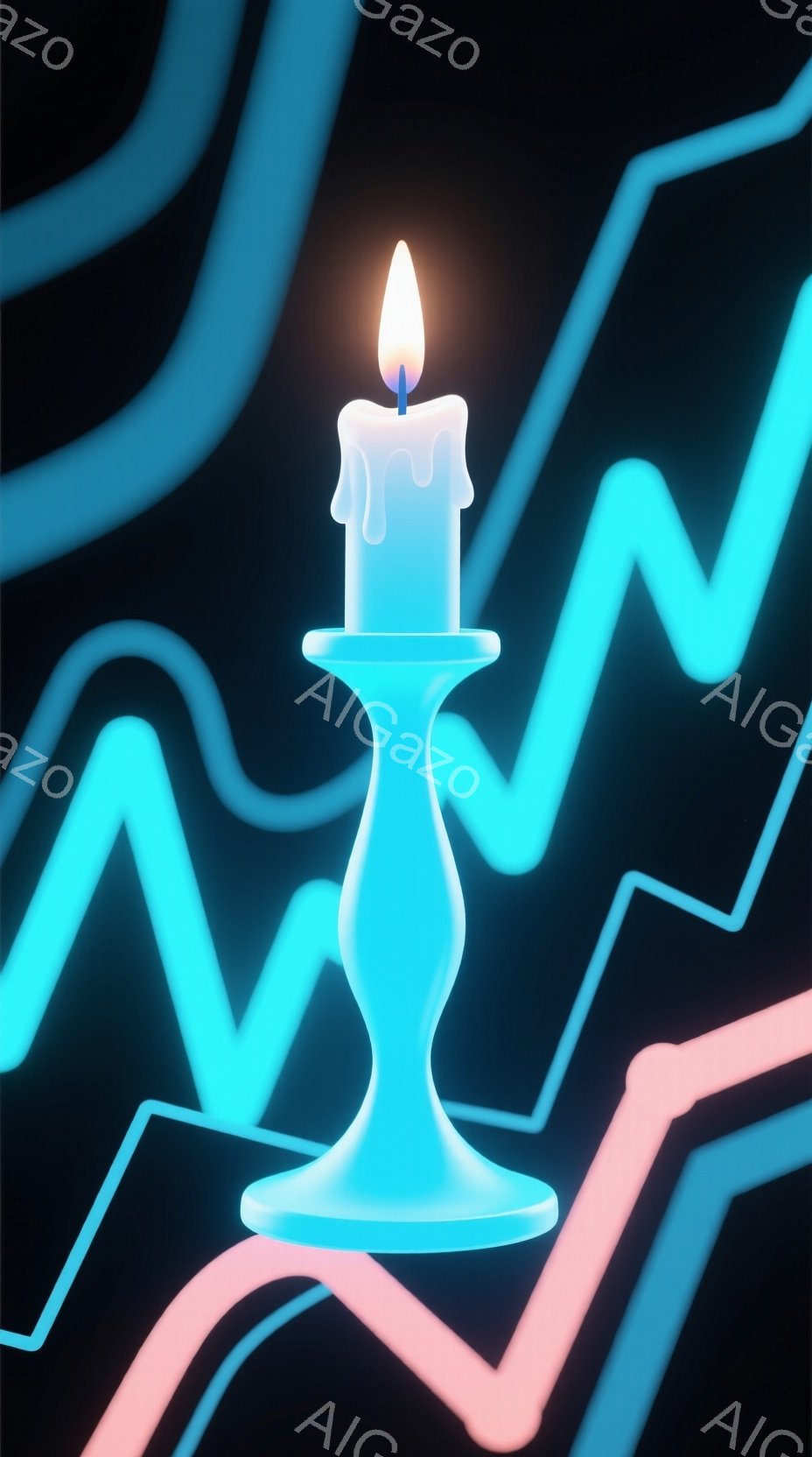 ターコイズブルーのキャンドルが、同じ色の台座の上に立っている様子が描かれている。背景は、鮮やかな水色とピンク色の波線が複雑に絡み合い、未来的な印象を与える。全体的に、光と影が強調され、幻想的でモダンな雰囲気を醸し出している。