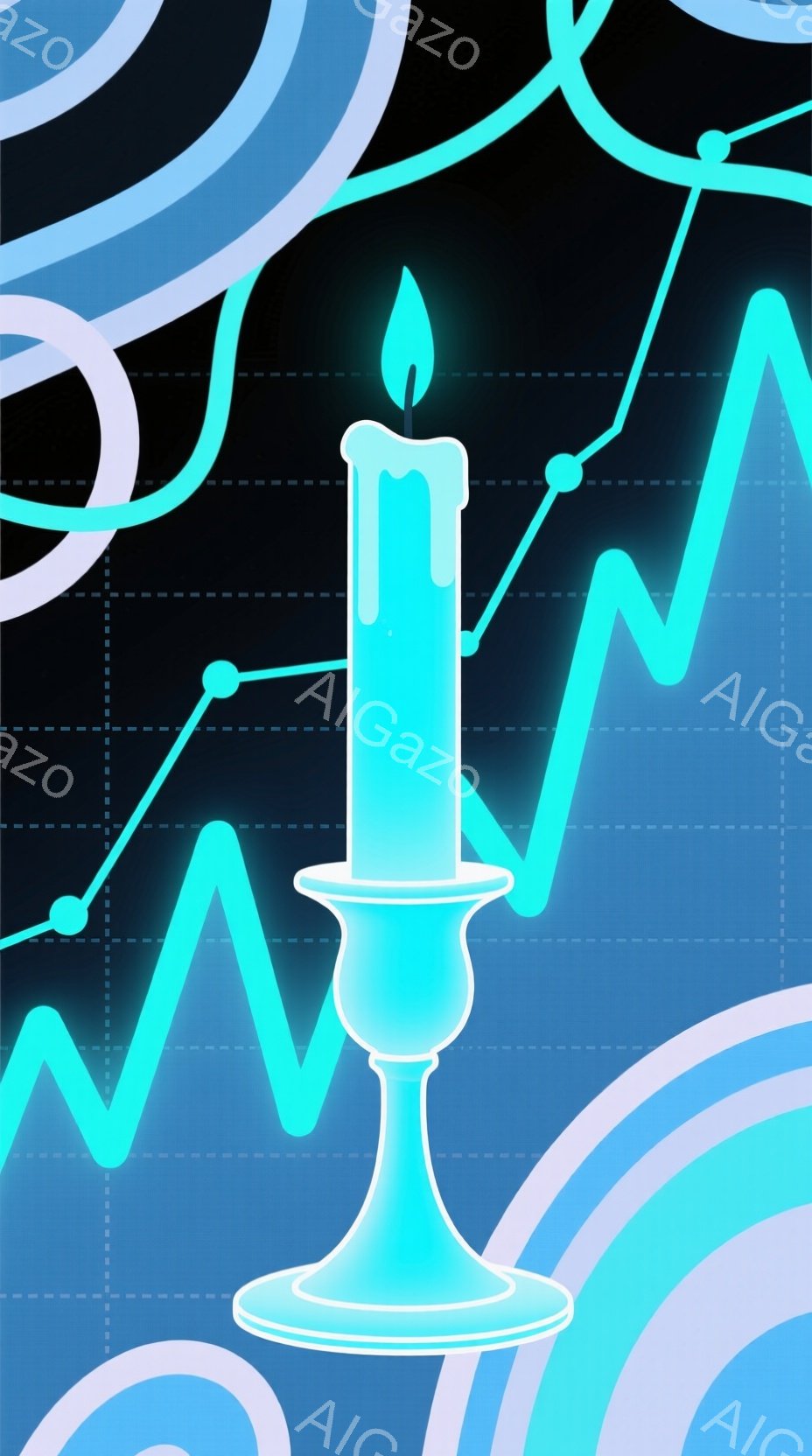 青色のキャンデラブラの上に立てられた、青色のロウソクが描かれています。背景には、白と青の渦巻く円と、青色の線で描かれたグラフのような模様が広がっています。全体的に、幻想的で未来的な雰囲気を醸し出しています。
