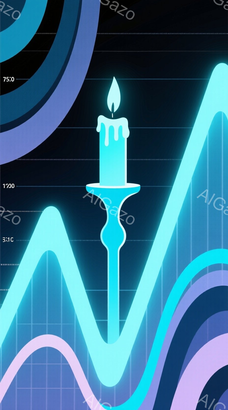 鮮やかな水色の曲線が幾重にも重なり、背景を構成しています。その中心には、燃え盛るキャンドルが、青みがかった金属製の燭台の上に立っており、炎は明るく輝いています。 全体的に、流動的で未来的な印象を与えるグラフィックデザインです。