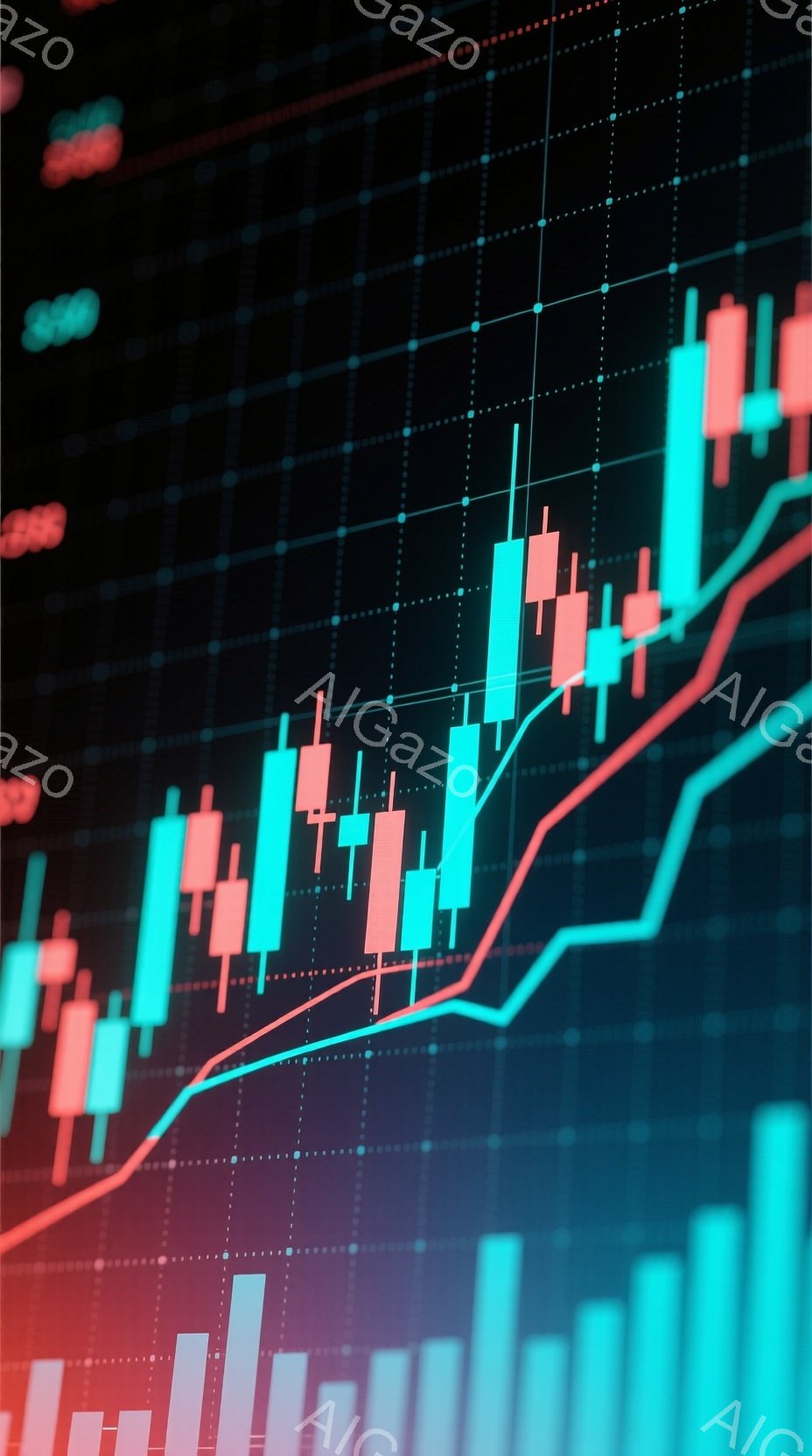 この画像は、金融市場のチャートを表しており、赤と緑のロウソク足のパターンが特徴的です。背景は暗色で、チャートが際立っており、赤い線と緑の線がグラフ上に描かれています。全体的に上昇傾向を示しており、金融市場の活発な動きを表現しているように見えます。