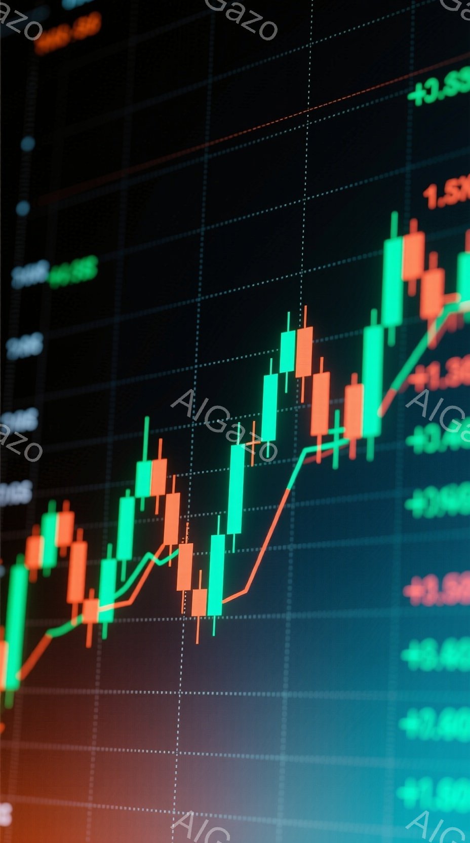 この画像は、株式市場のチャートを表示したデジタル画面のクローズアップです。緑と赤のキャンドルスティックチャートが並び、オレンジ色の線がトレンドを示しています。背景は暗く、画面上の数字がわずかに見え、金 - AI生成フリー素材