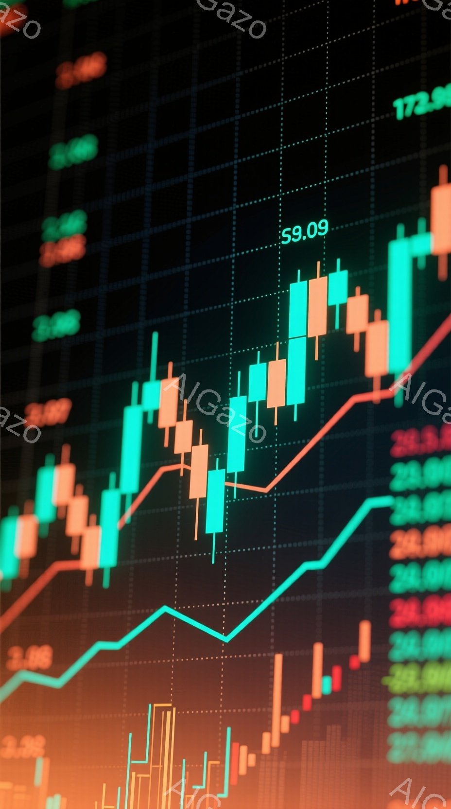 鮮やかな緑とオレンジ色の棒グラフが、暗い背景に密集して表示されています。赤い線がグラフの上昇傾向を示し、数字のラベルが散りばめられた複雑な金融チャートの様子が伺えます。全体として、株式市場や投資に関す - AI生成フリー素材