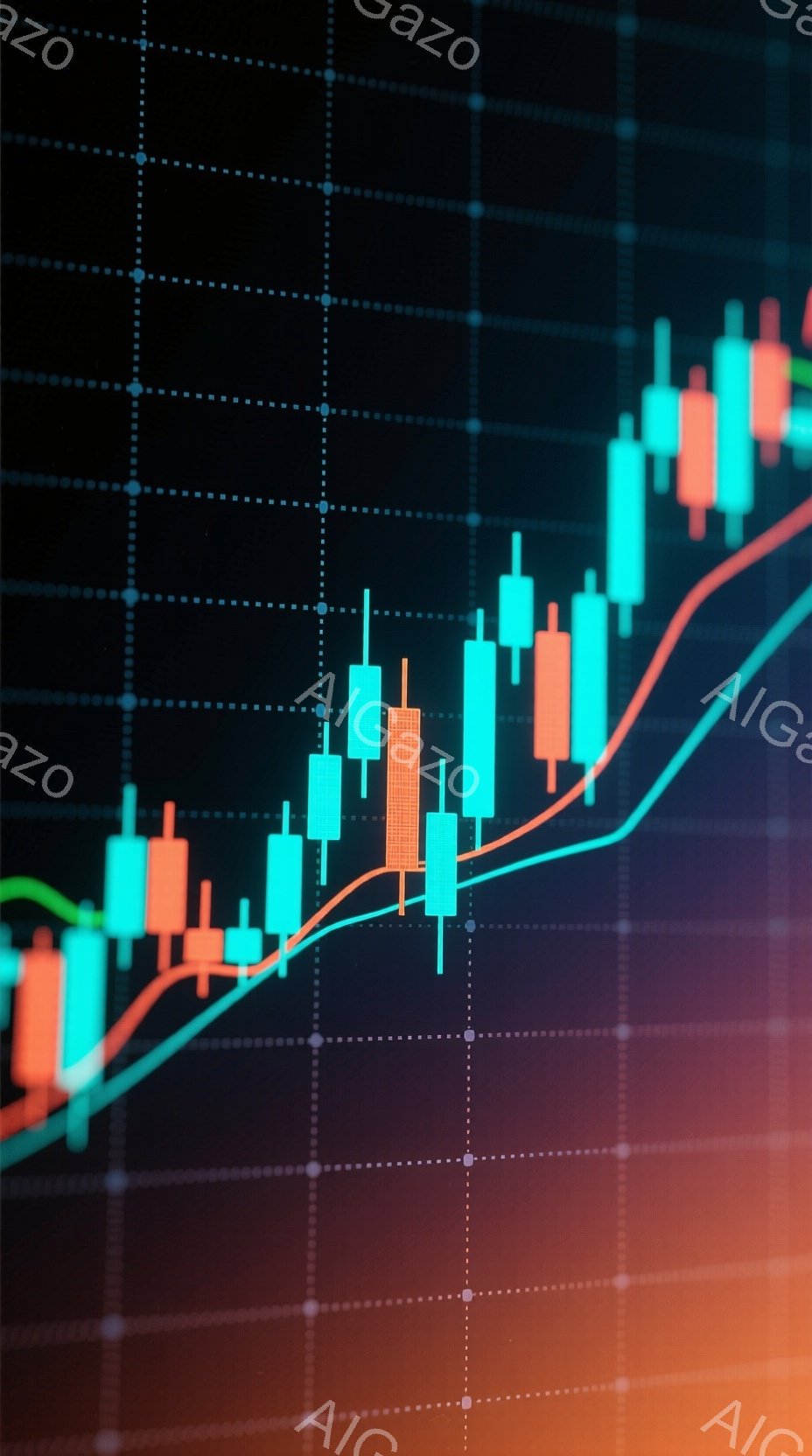 この画像は、カラフルなキャンドルスティックチャートが描かれた金融市場の視覚的な表現です。緑と赤の棒は、株価や通貨などの資産価格の変動を示しており、背景にはグラデーションがかかったオレンジと紫の色調が広がっています。全体として、上昇傾向を示唆するダイナミックで分析的な雰囲気を醸し出しています。