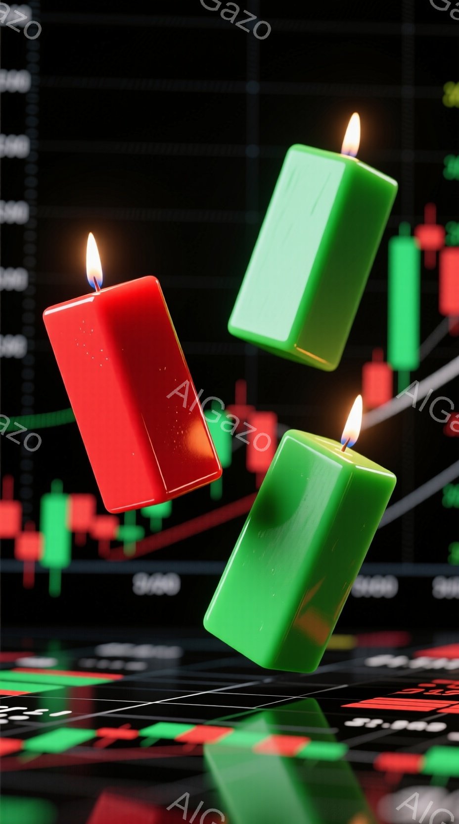 鮮やかな緑と赤のロウソクが、黒い背景に浮かび、まるで金融市場のチャートを背景にしたキャンドルスティックのようです。床面にはチャートのパターンが反射しており、ロウソクの炎が明るく光り、全体的にダイナミッ - AI生成フリー素材