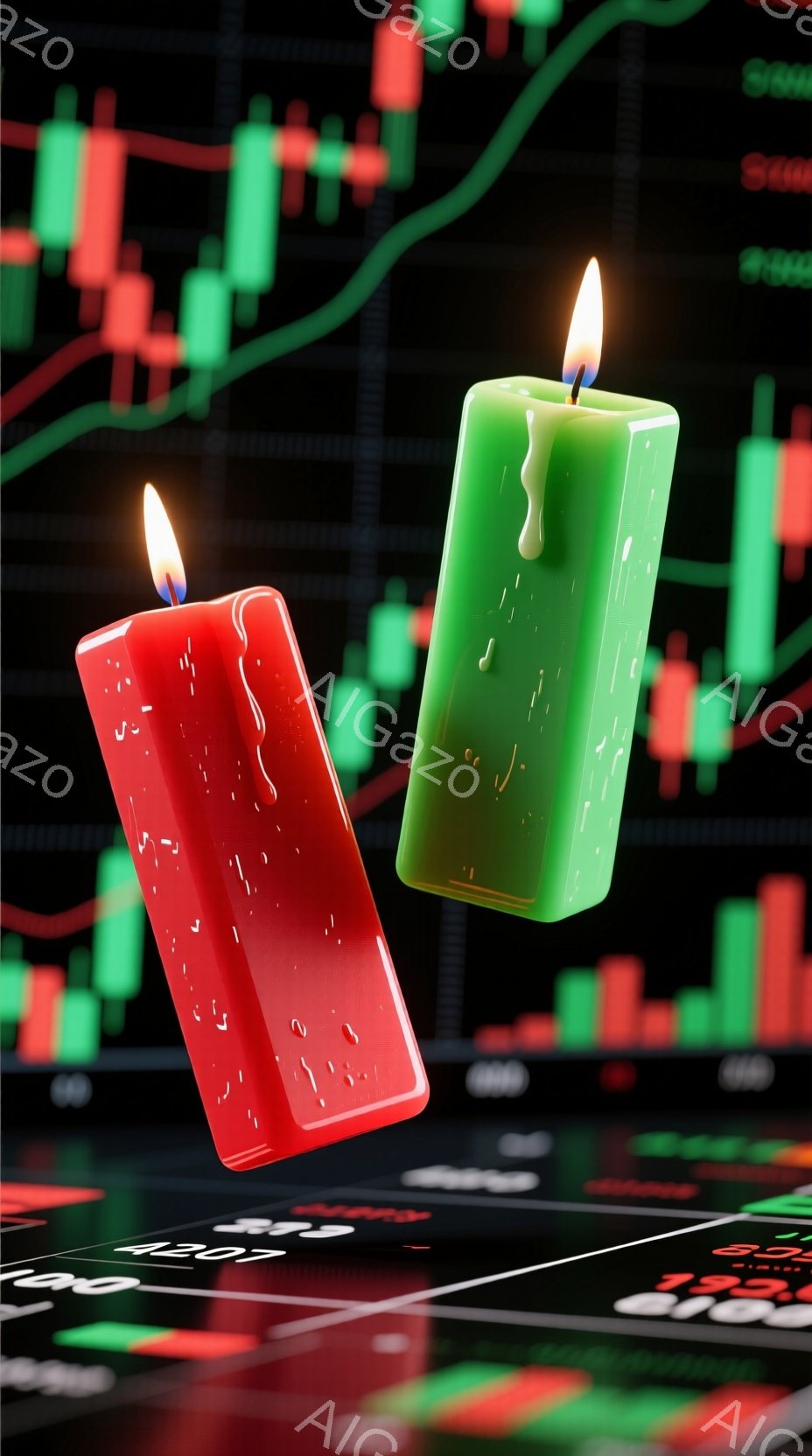 燃え盛る赤と緑のロウソクが、金融市場のチャートを背景に浮遊している様子が描かれている。チャートは、上昇と下降を示す緑と赤の柱状グラフで構成され、金融取引の活発さを暗示している。この構図は、投資や経済の不安定性を表す、鮮やかでドラマチックな雰囲気を醸し出している。