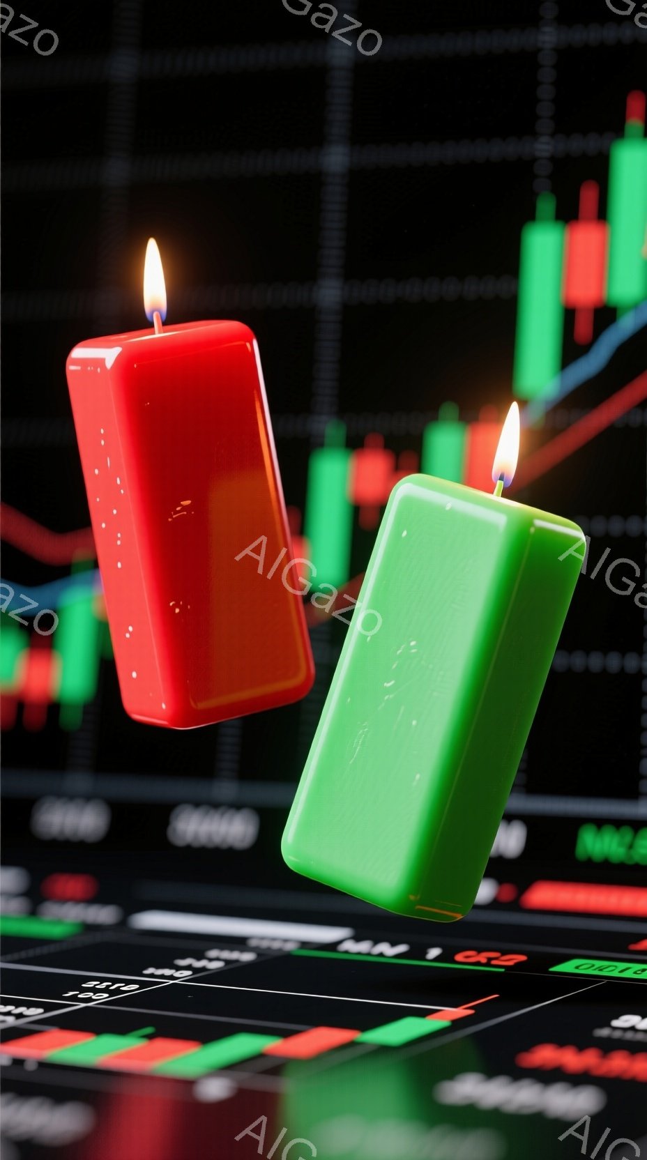 燃え盛る赤いキャンドルと緑色のキャンドルが、金融チャートのような背景に浮かんでいます。チャートは様々な色の線と棒で構成され、市場の変動を示唆しています。 全体的に、投資や経済状況を象徴するような、ダイ - AI生成フリー素材