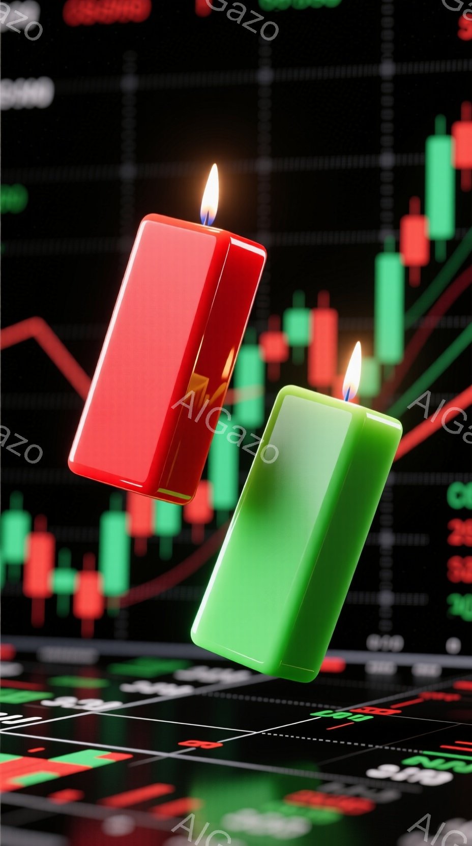 燃え盛る赤いキャンドルと緑のキャンドルが、株価チャートのような背景の前で空中に浮かんでいます。チャートは、赤と緑の棒グラフで構成され、市場の変動を示唆しています。この構図は、金融市場の不安定性や、上昇と下降の可能性を象徴的に表現しているように見えます。