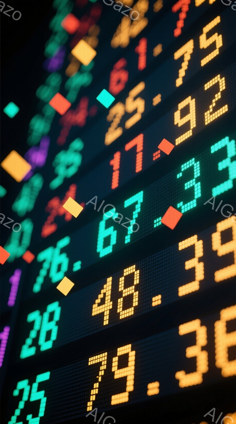 この画像は、金融市場のデータ表示板をクローズアップしたものです。鮮やかな緑、赤、黄色の数字が黒い背景に並び、株価やその他の金融指標を示しているように見えます。全体的に、活気があり、ダイナミックな経済活動の雰囲気を感じさせます。