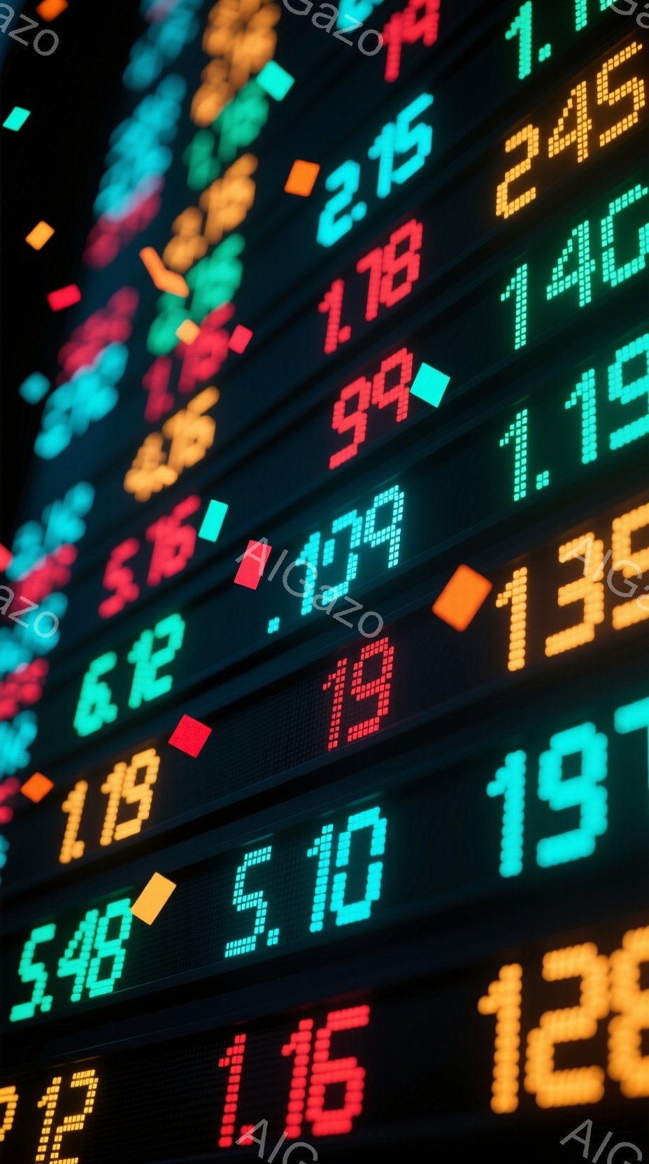 鮮やかな数字と記号が並ぶ株式市場のディスプレイが写っている。赤、緑、黄色などの色が使用され、価格変動を示唆しているように見える。背景は暗く、ディスプレイの明るさが際立っているため、金融市場の活発な雰囲気を感じさせる。