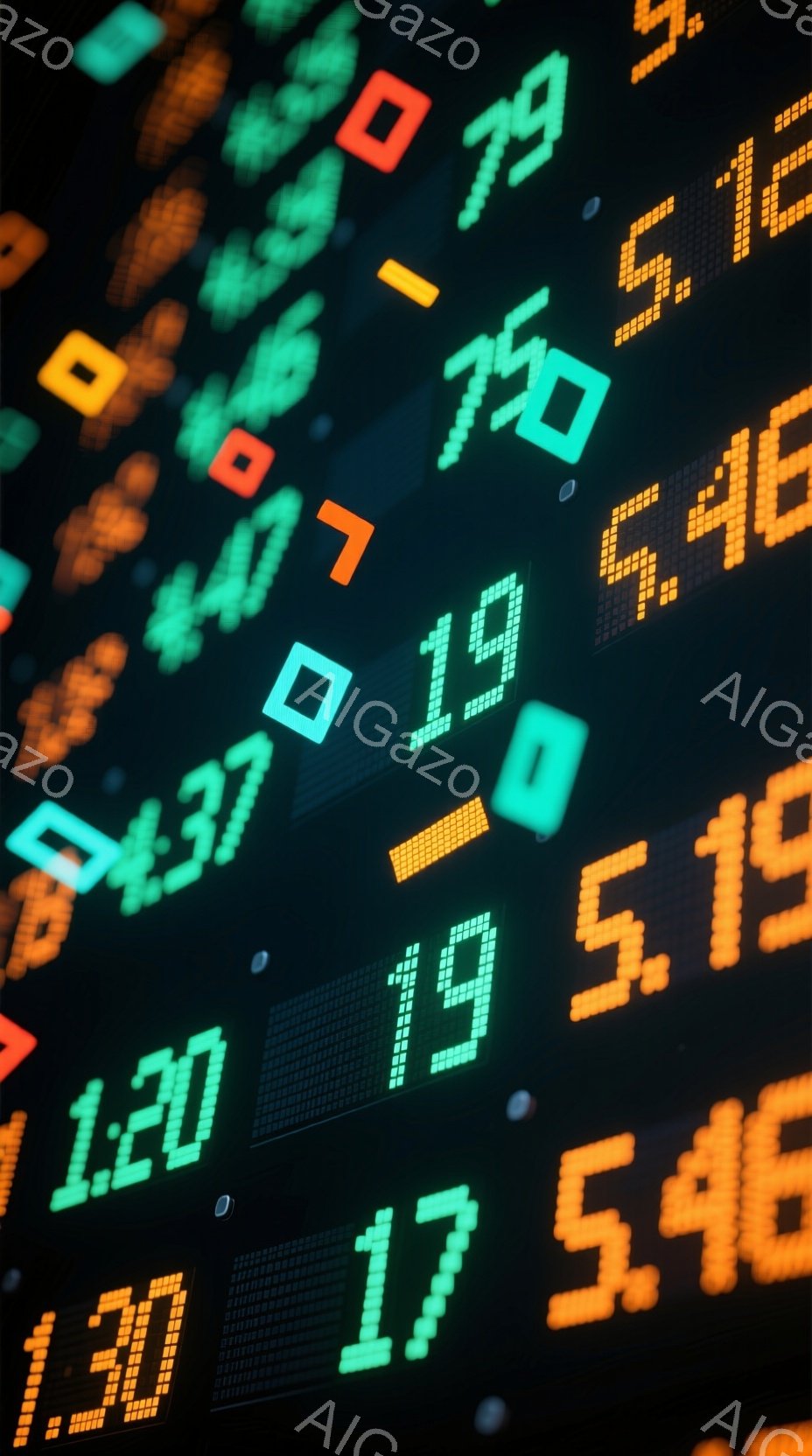 この画像は、緑、オレンジ、白の数字が散りばめられた暗い背景を捉えています。数字は様々な大きさで表示され、まるで株価やデータが流れているような印象を与えます。全体的に、金融市場やデジタル情報の活気に満ちた雰囲気を醸し出しています。