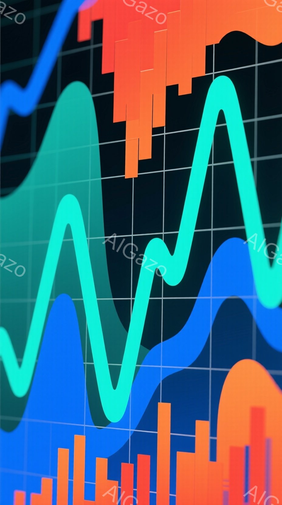 この画像は、青とオレンジ色のチャートが重なり合った抽象的なデザインです。青い線は上昇傾向を示し、オレンジ色の棒グラフは変動を示しています。全体的に、市場の動向やデータ分析を表すような、現代的でダイナミックな雰囲気です。