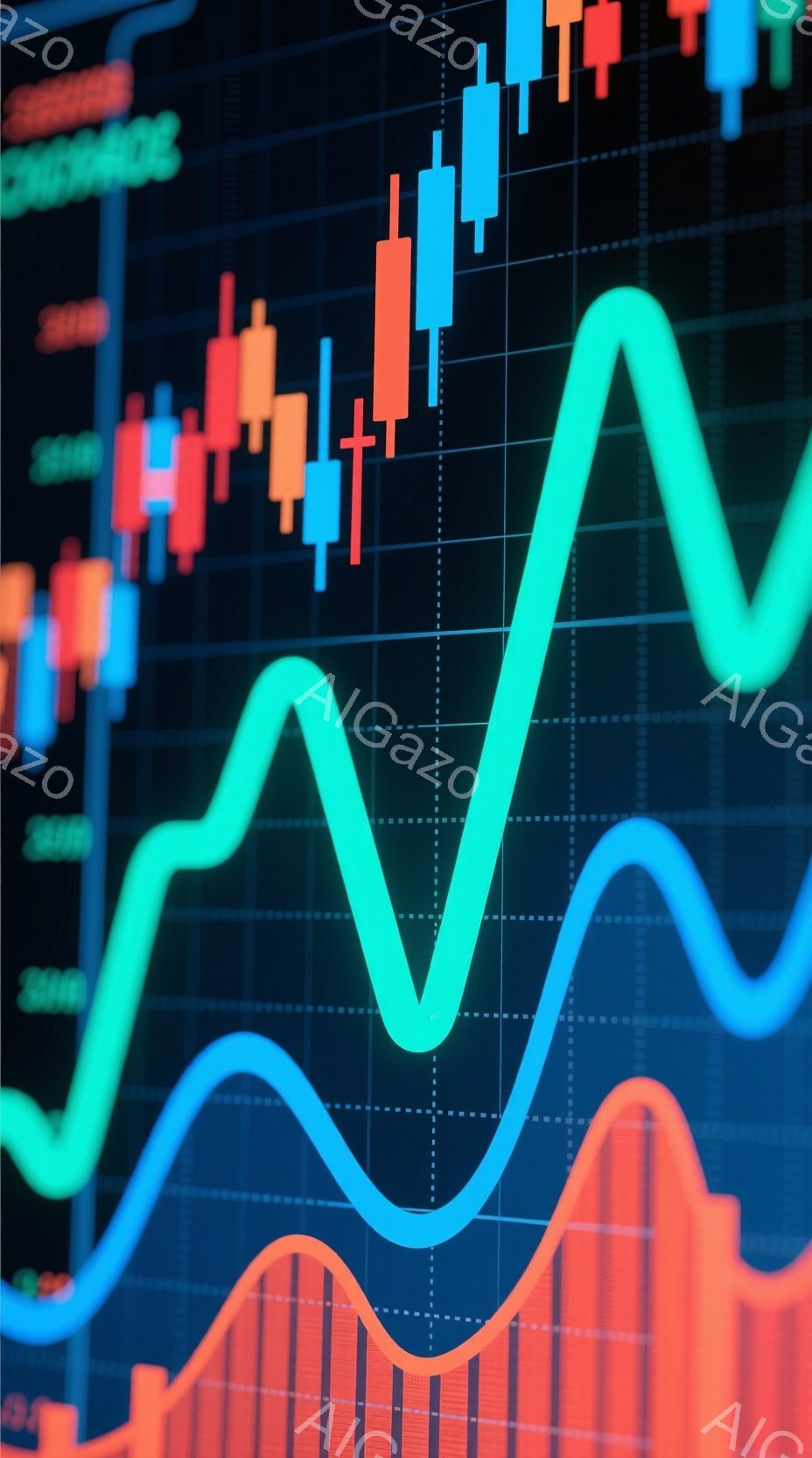 グラフが描かれた画像です。赤い柱状グラフと青い折れ線グラフが重なり合っており、背景にはさらに小さな柱状グラフが並んでいます。全体的に青と赤の色が強く、金融市場やデータ分析の視覚的な表現を想起させます。