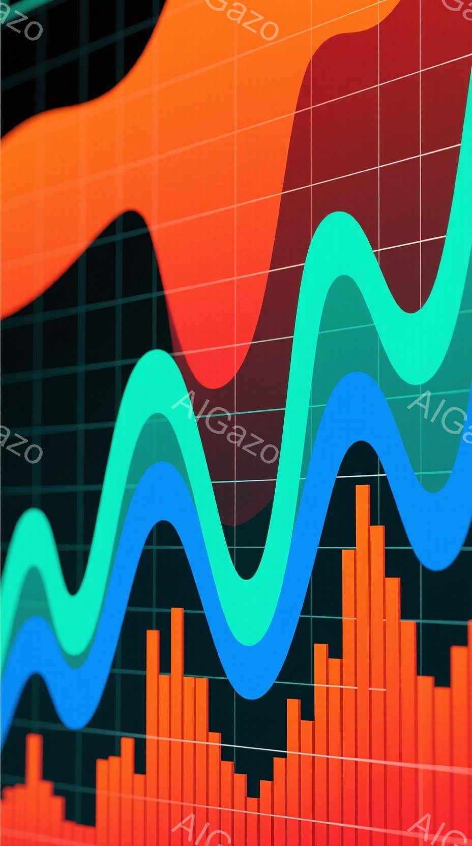 この画像は、青とオレンジの曲線と棒グラフが描かれた抽象的なデザインです。背景は暗いグレーで、グラフが際立っています。全体として、データや市場の変動を視覚的に表現した、モダンでダイナミックな雰囲気です。 - AI生成フリー素材