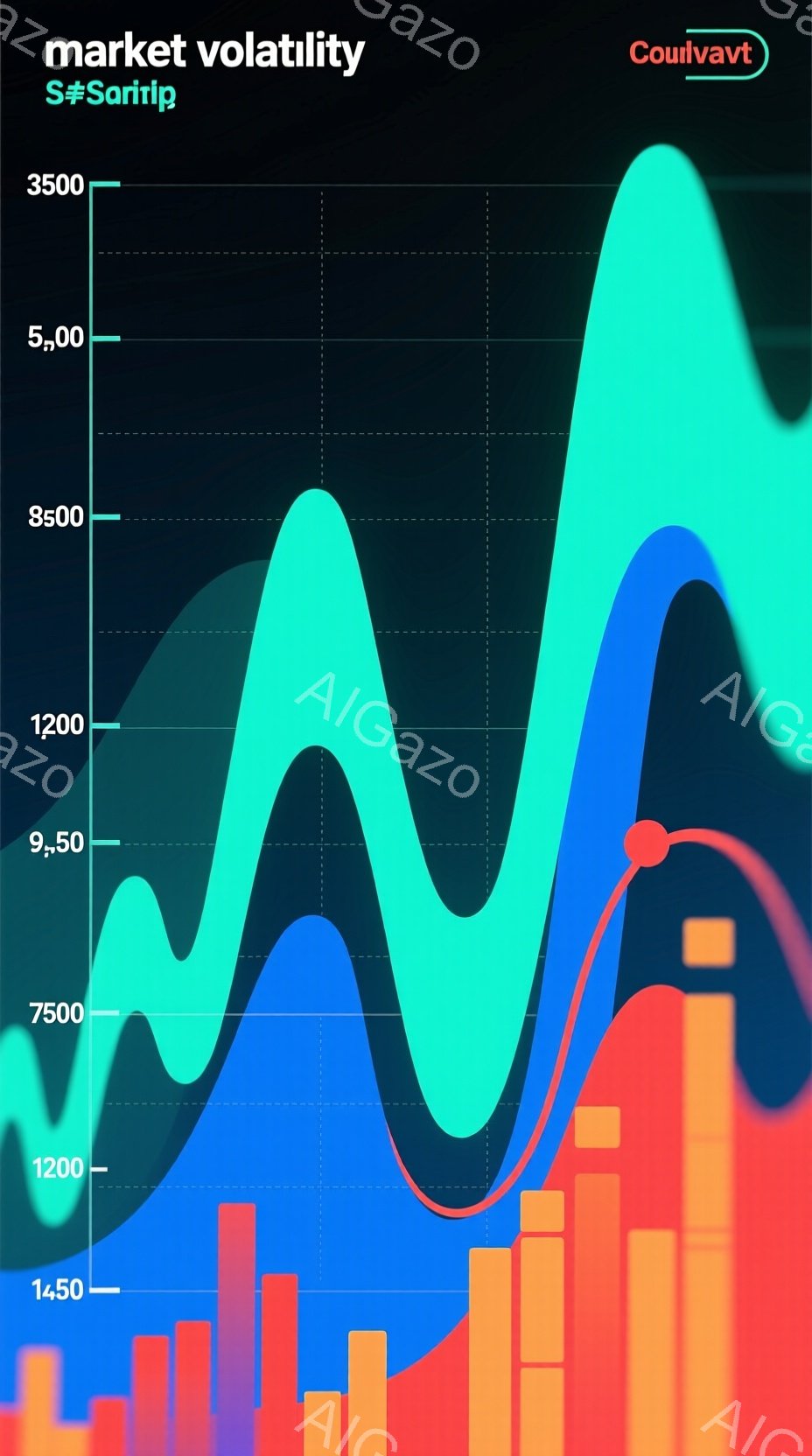 この画像は、市場の変動を表すグラフを示しています。ターコイズブルーの線が急激な上昇と下降を示し、オレンジ色の棒グラフがその下に並んでいます。グラフは黒色の背景に描かれ、全体的にダイナミックで、市場の不 - AI生成フリー素材