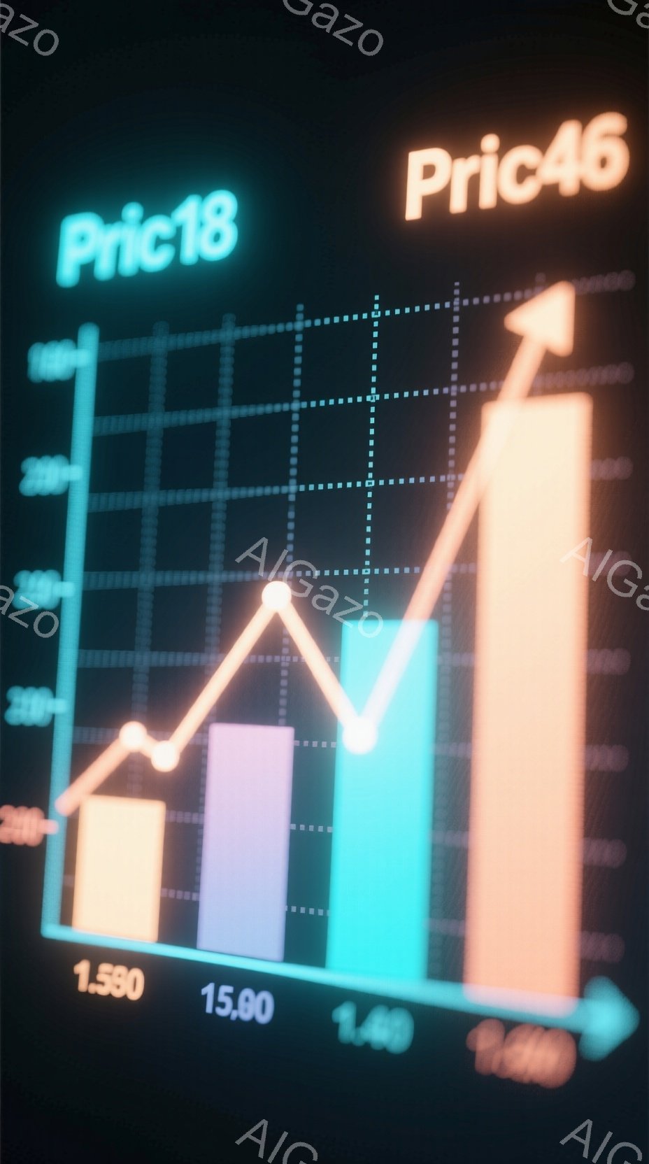 グラフが画面に表示されており、オレンジ、紫、水色の棒グラフが上昇傾向を示しています。グラフの上部には「Pric18」と「Pric46」という文字が光り輝き、棒グラフの下には「1.580」「15.00」「1.40」「1.60」という数値が記されています。 全体的に、データ分析や市場動向を示す視覚的な表現であることがわかります。