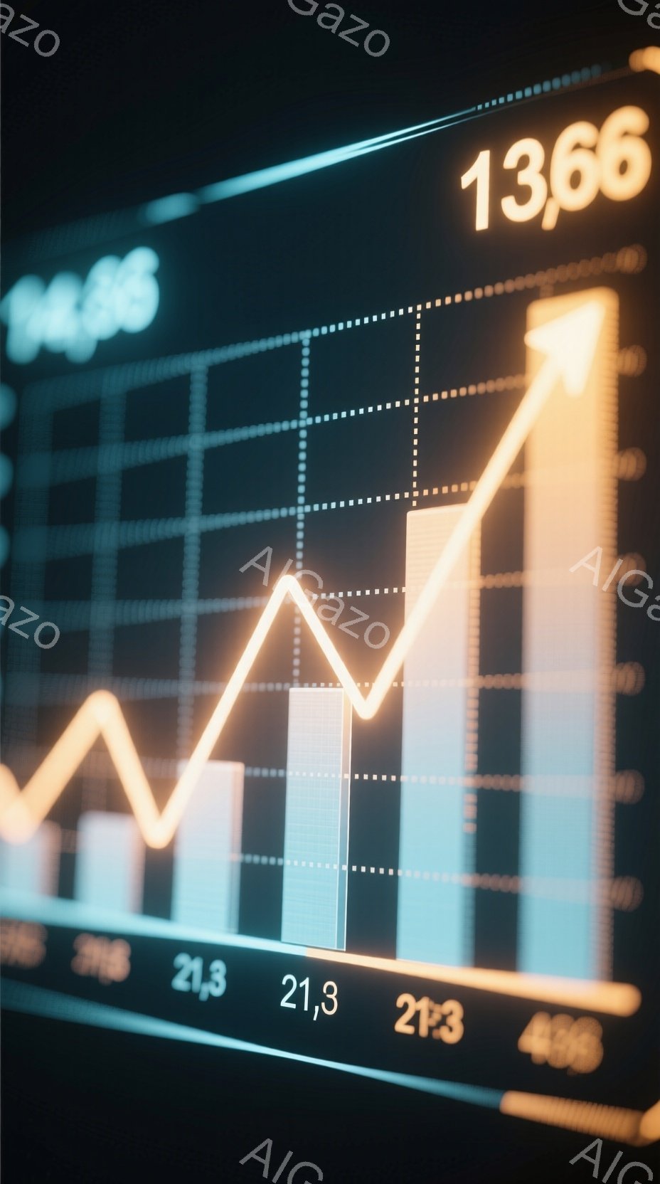 画像は、青いバーチャートとオレンジ色の線グラフが重なって表示された金融データを示しています。グラフは右肩上がりの傾向を示し、21.3、21.3、23.3、43.5などの数値が示されています。全体的に、経済成長や投資の成功を象徴するような、ポジティブでダイナミックな雰囲気が漂っています。
