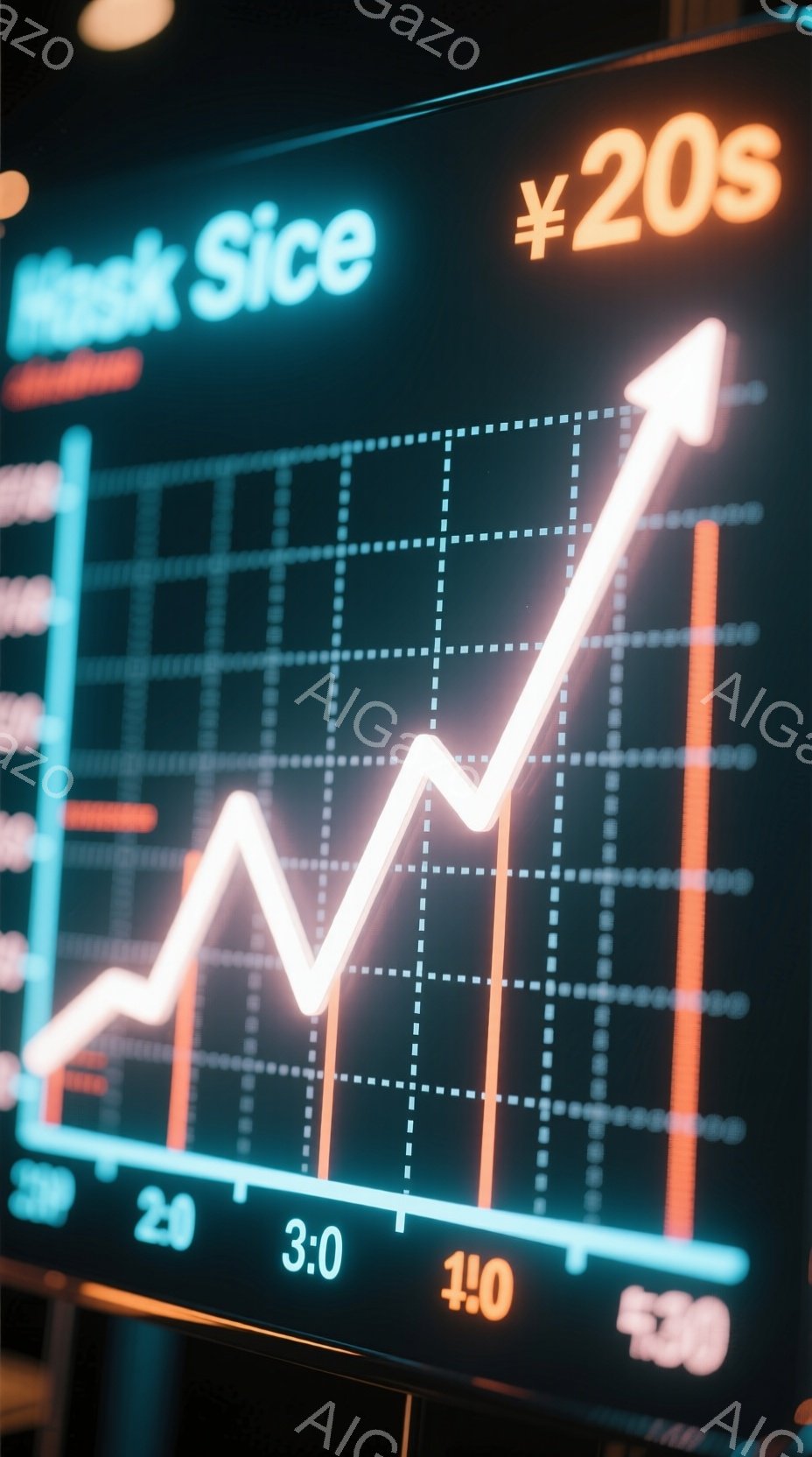 画像は、ネオンカラーのグラフが描かれた画面を捉えています。グラフはオレンジ色の線で描かれ、時間の経過と共に上昇と下降を繰り返す様子が示されています。画面上部には「Sice」という文字と、時間の表示（20:00、3:00、1:00、5:30）がネオンライトで強調されており、全体的に近未来的でエネルギッシュな雰囲気を醸し出しています。