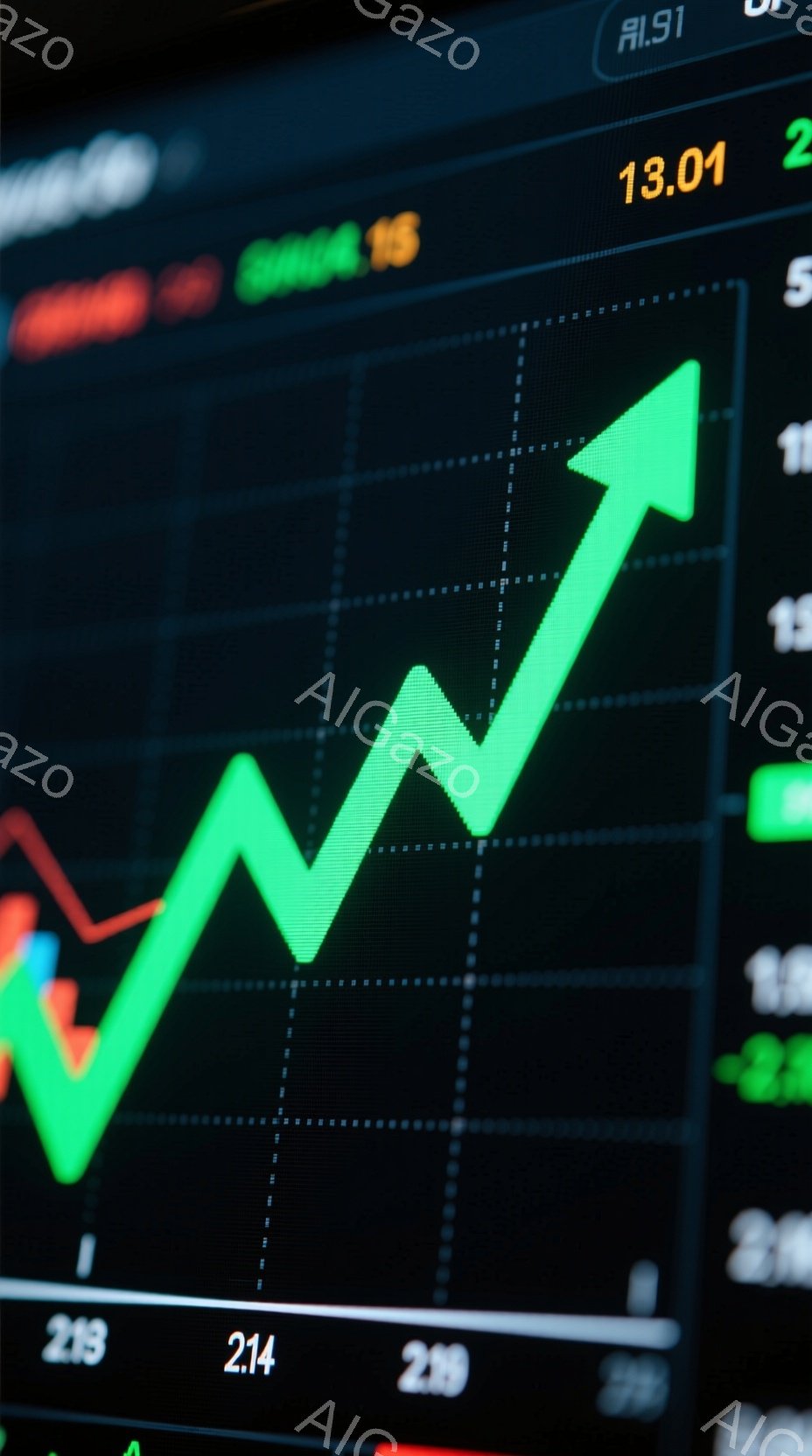 この画像は、株価や金融市場のトレンドを示すグラフのクローズアップです。鮮やかな緑色の線が右肩上がりに上昇し、好調な市場の状況を示唆しています。背景は暗く、数値や他のグラフの一部が見え、全体的に経済指標や分析を想起させる雰囲気です。