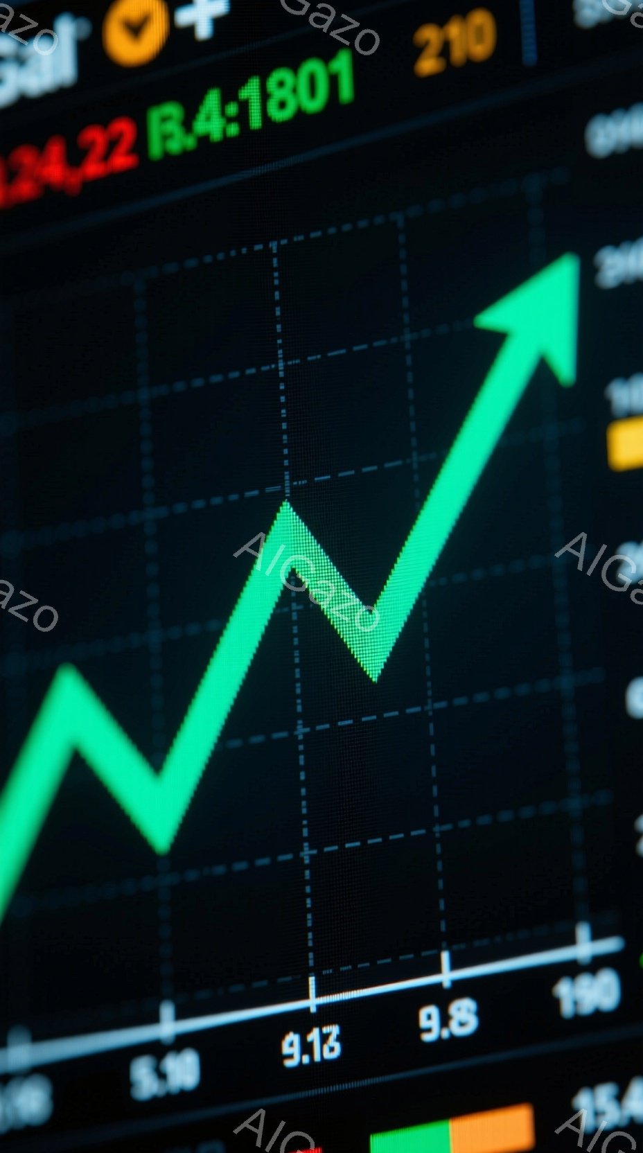 この画像は、緑色の線が急激に上昇と下降を繰り返すグラフを大きく描いており、金融市場や株価チャートのような印象を与えます。画面上部には数字のデータが表示され、背景は暗い青色で、全体的にダイナミックで緊張感のある雰囲気を醸し出しています。グラフの下部には、数値データが並んでおり、詳細な分析や情報を提供していることを示唆しています。