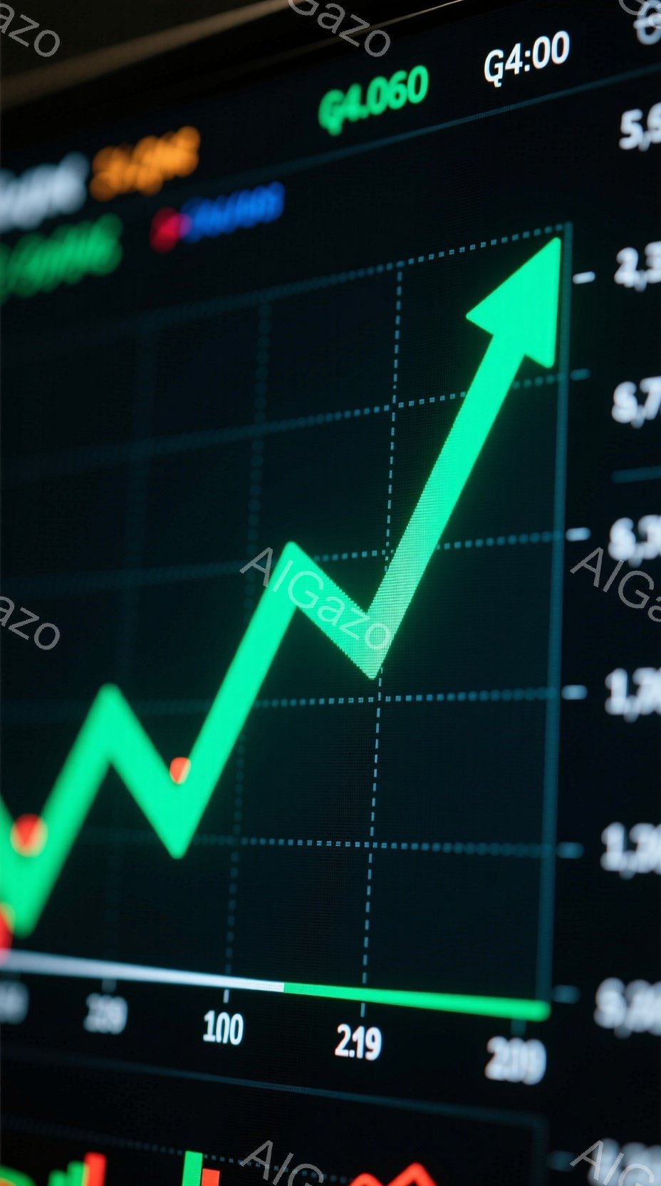 この画像は、緑色の線グラフが画面上に表示されており、右肩上がりの傾向を示しています。グラフの背景は暗いグレーで、数値や他の線もわずかに見えますが、焦点は上昇する緑色の線に当てられています。全体的に、成長や成功を示す視覚的な表現であり、金融市場や経済指標を示唆する可能性があります。