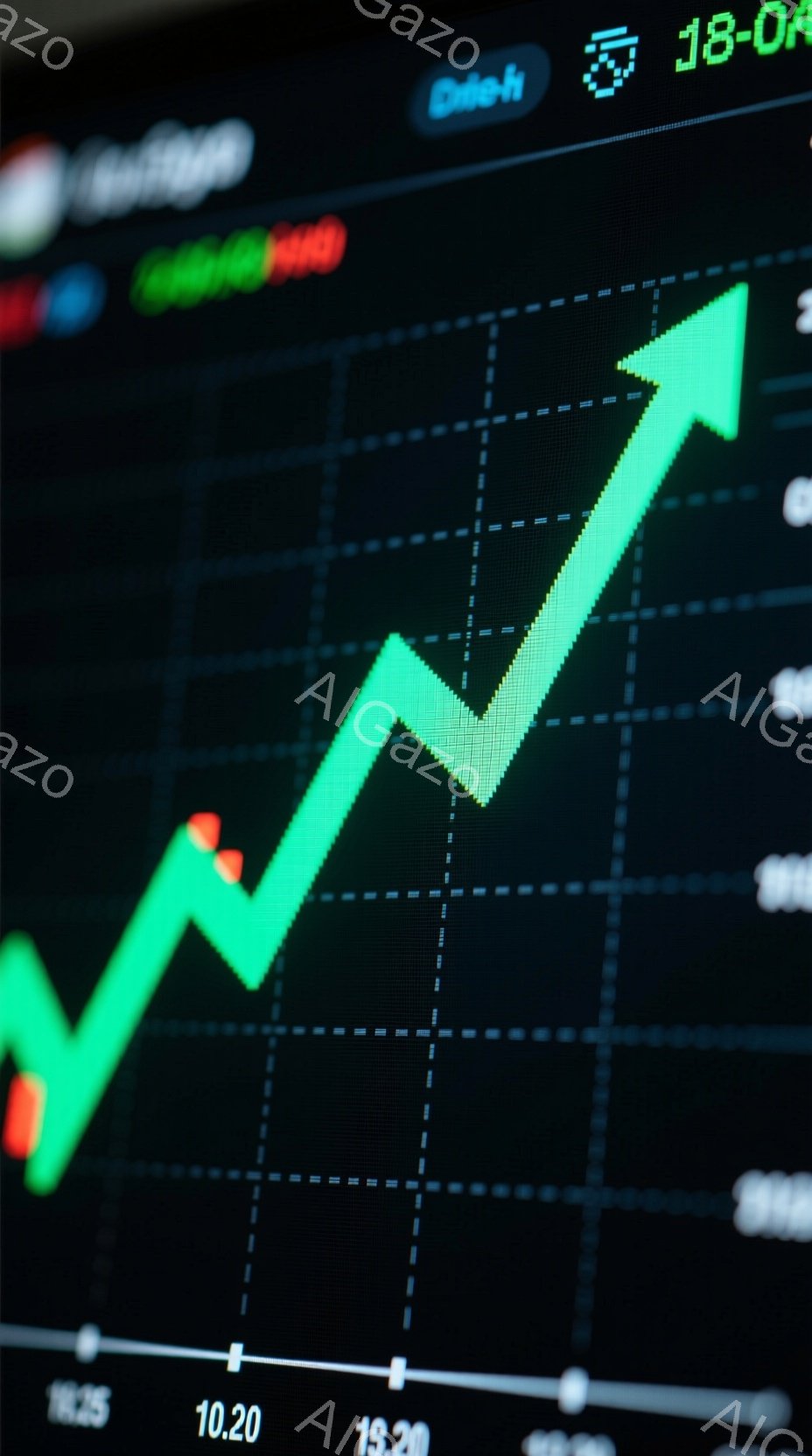 この画像は、暗い背景に鮮やかな緑色の線グラフが描かれています。グラフは右肩上がりに伸びており、経済指標や株価の上昇を示唆しています。下部には時間のような数値（12:25, 10:20, 13:20）が - AI生成フリー素材