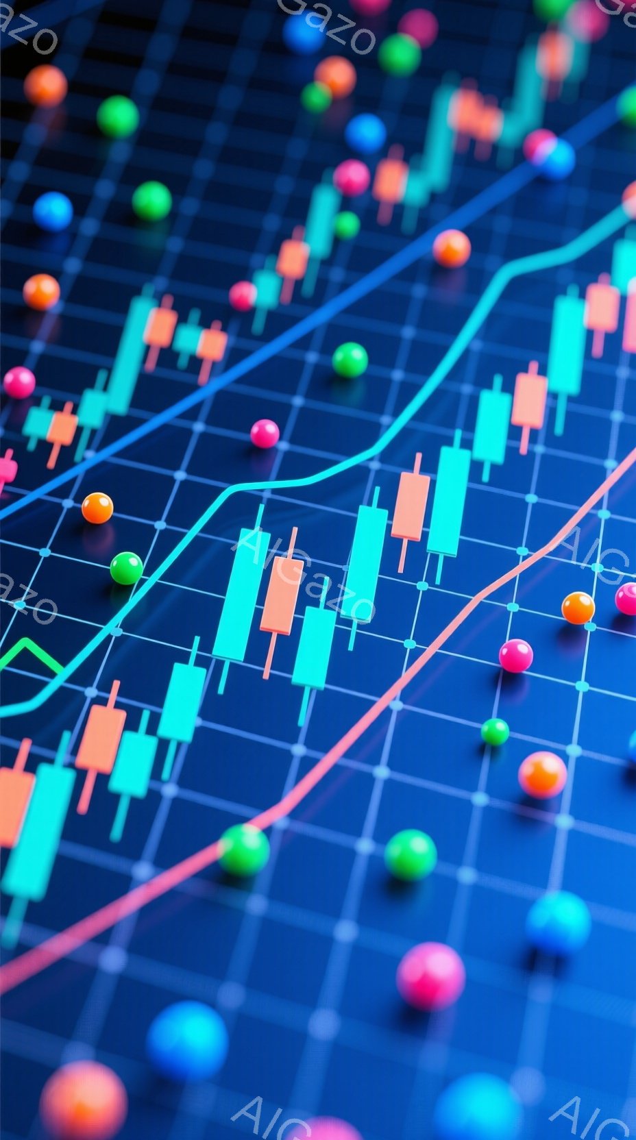 この画像は、鮮やかな青色のグリッド背景に、緑とオレンジの棒グラフが並んでいます。棒グラフは、上昇と下降を示すように配置され、赤い線と青い線がそれらを横切ってグラフのトレンドを示しています。様々な色の球体がグリッド全体に散りばめられており、全体的にダイナミックで未来的な雰囲気を醸し出しています。