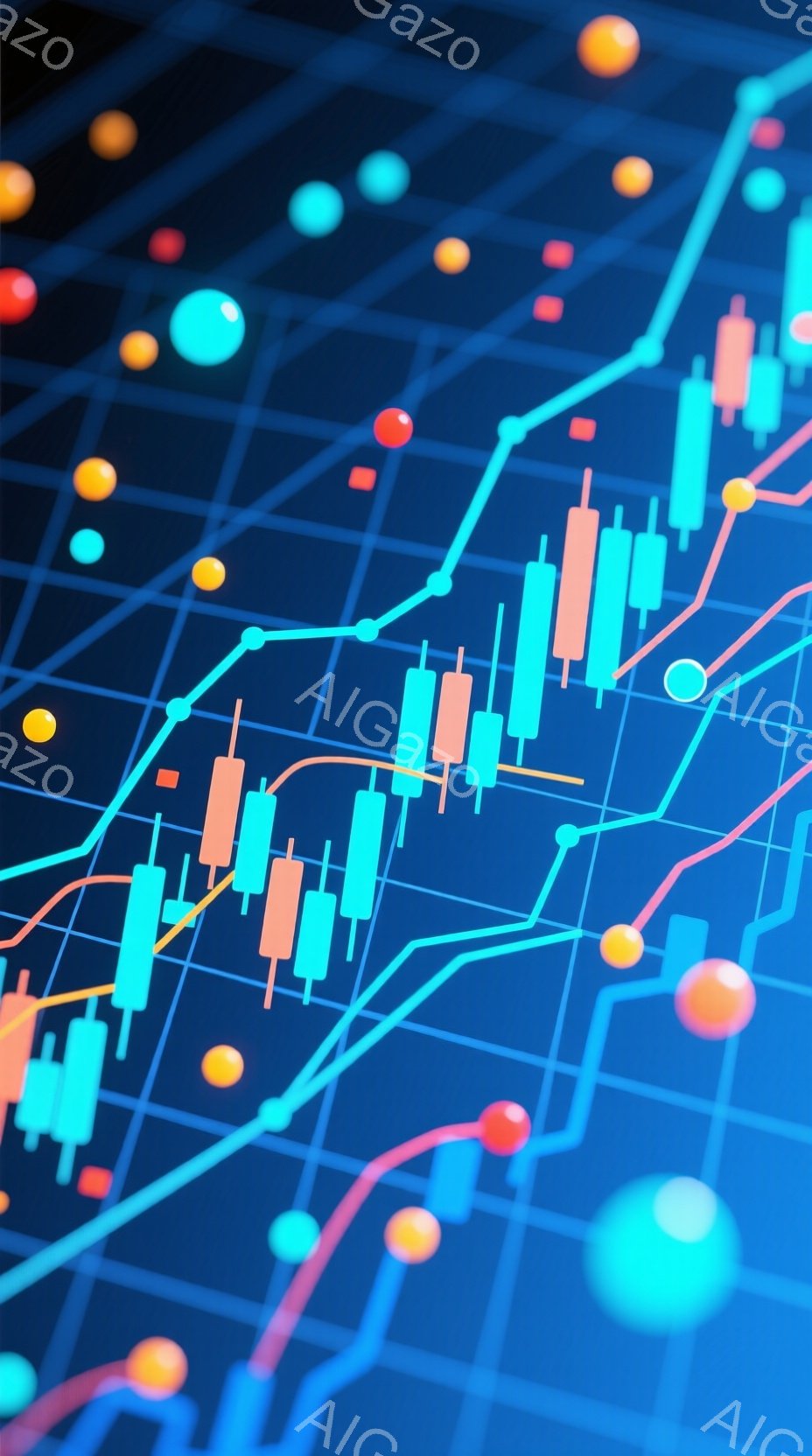 この画像は、ターコイズブルーの背景に、金融チャートとカラフルな球体が散りばめられています。上昇と下降を示す緑とオレンジの棒グラフが、複雑な白い線で構成された回路のようなネットワーク上に描かれており、未来的な金融市場の視覚化を連想させます。全体的に、データ分析とテクノロジーが融合した、ダイナミックで洗練された雰囲気です。