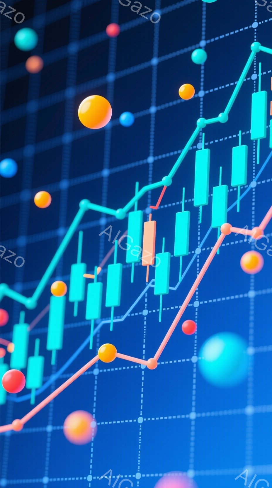 鮮やかな青色の背景に、上昇傾向の折れ線グラフと、それと交差する緑とオレンジのロウソク足チャートが描かれています。グラフの周りには、様々な大きさのオレンジと水色の球体が散りばめられており、全体的に躍動感と未来的な印象を与えます。このビジュアルは、金融市場やデータ分析を連想させ、ポジティブな成長を示唆しているように見えます。