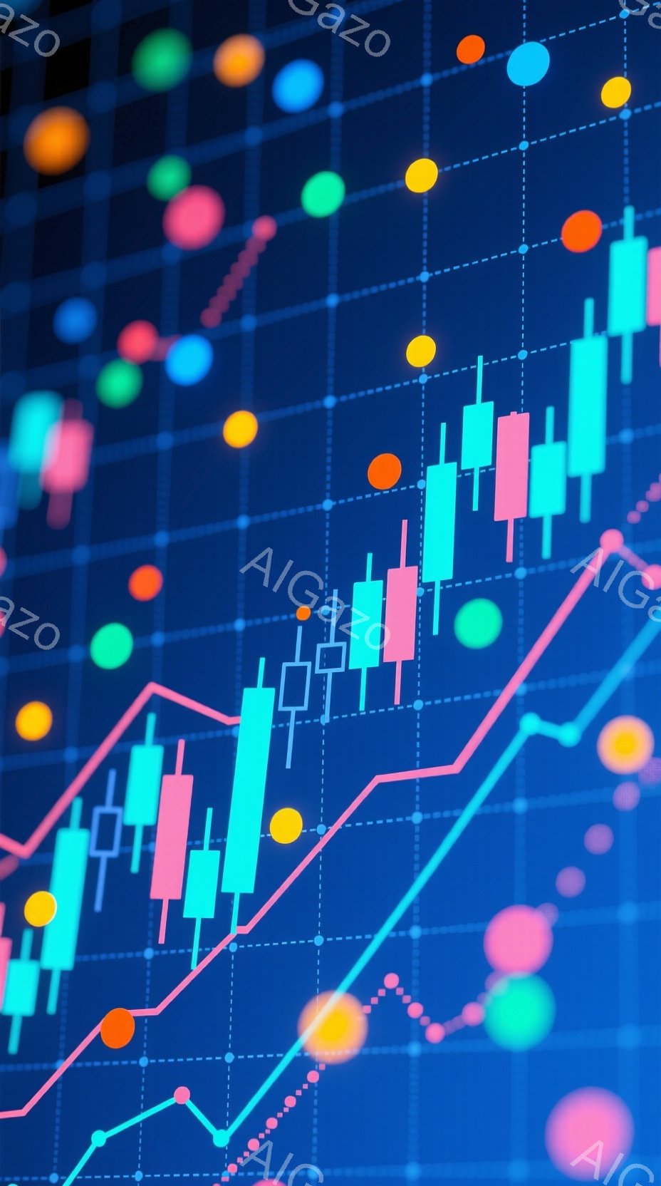 この画像は、ターコイズブルーの背景に、様々な色の棒グラフと折れ線グラフが描かれた抽象的なデザインです。ピンク、緑、オレンジ、青などの鮮やかな色調が用いられ、全体的に上昇傾向を示すグラフが目立ちます。背景には小さな水玉模様が散りばめられ、活気に満ちた未来的な印象を与えます。