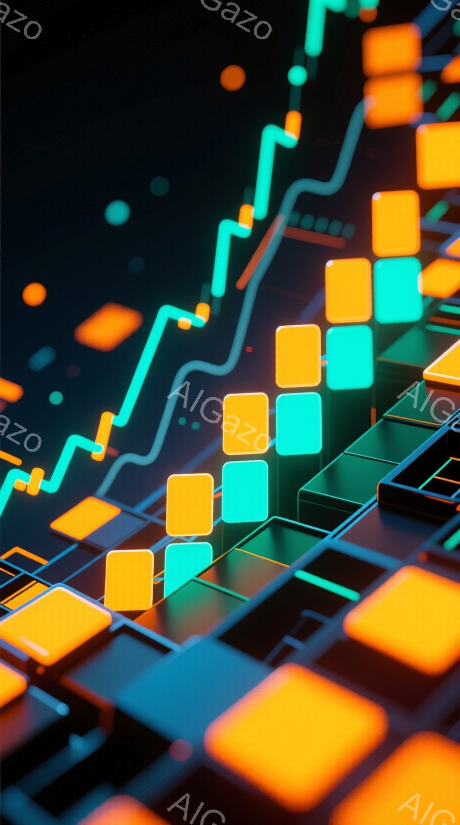 鮮やかなオレンジとターコイズブルーの立方体が、暗い背景に浮かび上がる抽象的な画像です。立方体は、複雑な線によって示されたグラフのような構造の上に配置され、未来的な空間やデータ視覚化を連想させます。全体 - AI生成フリー素材