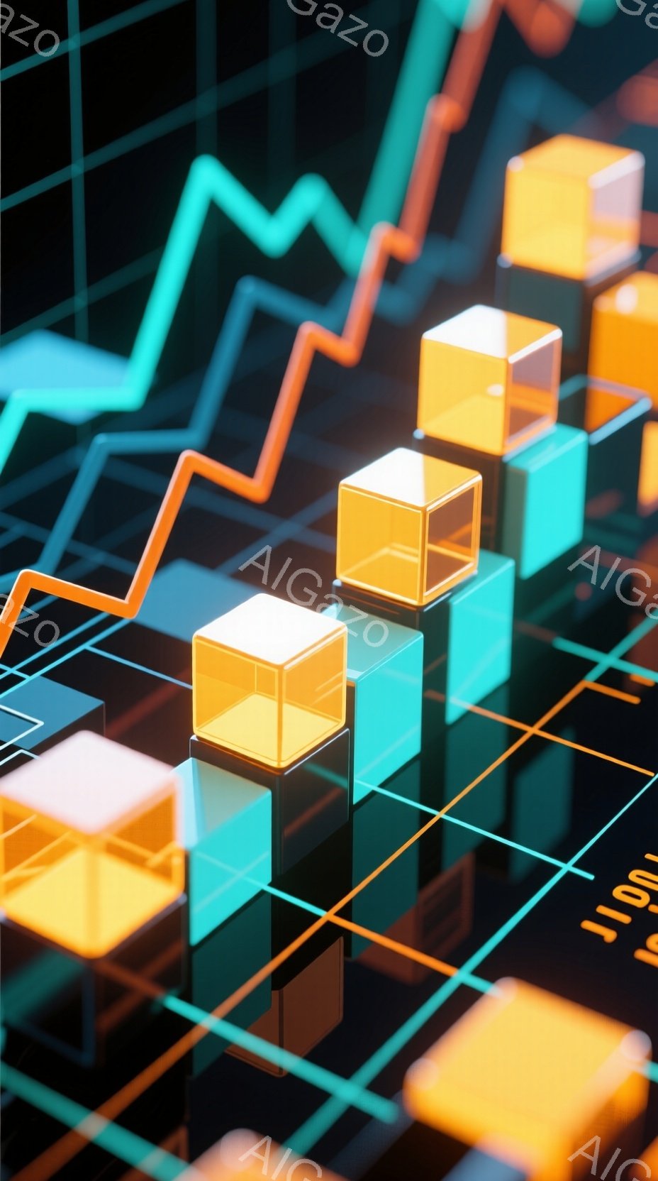 この画像は、格子状の黒い背景の上に配置された、明るいターコイズとオレンジ色のキューブの抽象的な構成を示しています。これらのキューブは様々な高さに配置され、まるでデータ分析や市場トレンドの視覚化を思わせるグラフの一部を形成しています。鮮やかな色彩と反射により、モダンで未来的な雰囲気が醸し出されています。