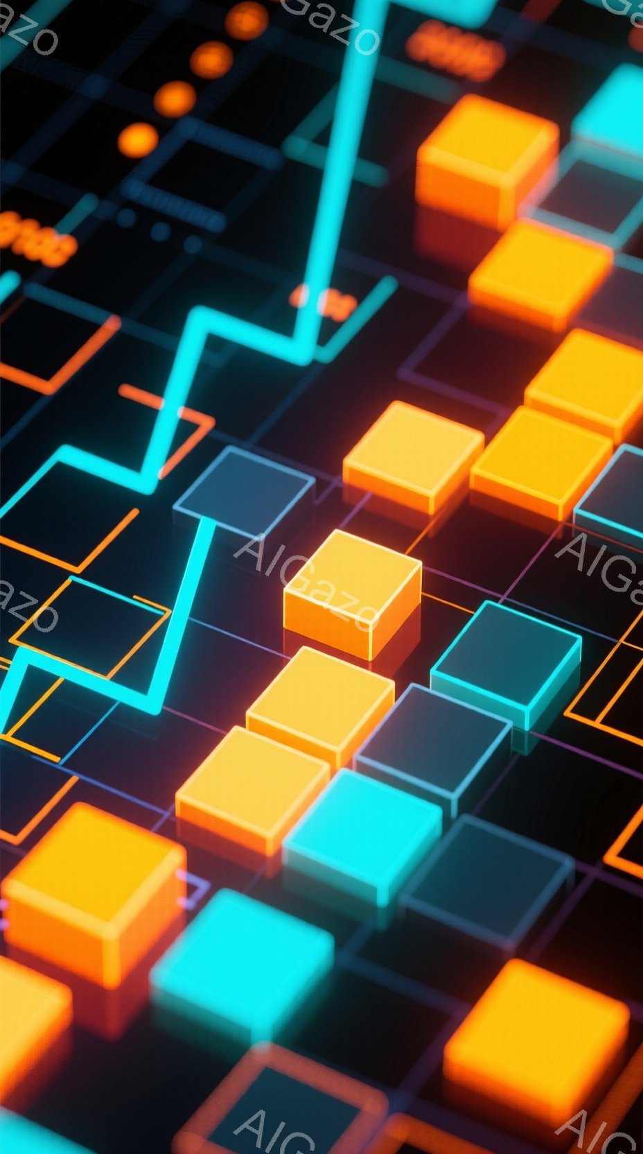 鮮やかなオレンジとターコイズブルーの立方体が、暗い背景に配置された抽象的な表現です。光の線が立方体間を駆け抜け、未来的なデジタル空間を思わせます。全体的に、幾何学的で洗練された、現代アートのような雰囲 - AI生成フリー素材